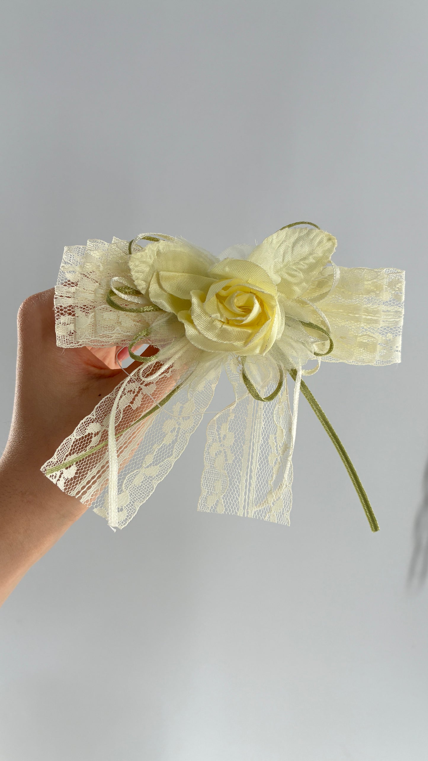 Vintage Lace Fabric Florals Baby Yellow Bow Pin Brooch