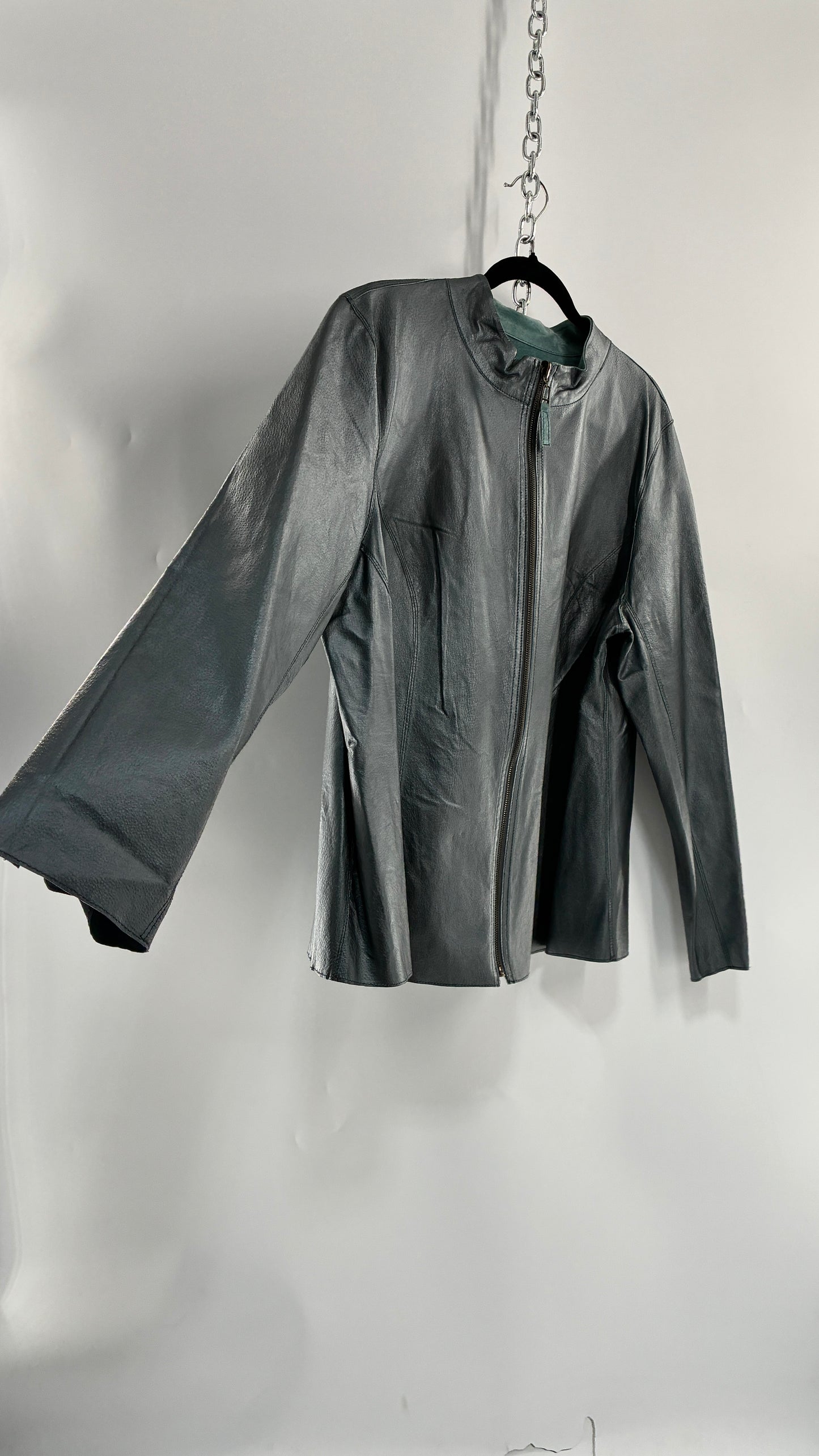 Vintage 1990s Metallic Blue Genuine Leather and Suede Reversible Thin, Zip Up Moto Jacket (XXL)