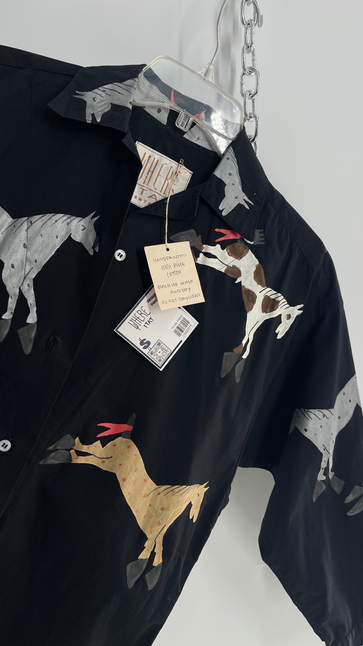 WHERE ITAT Black Button Up with Hand Painted Horses 100% Pima Cotton with Tags Attached (Small)