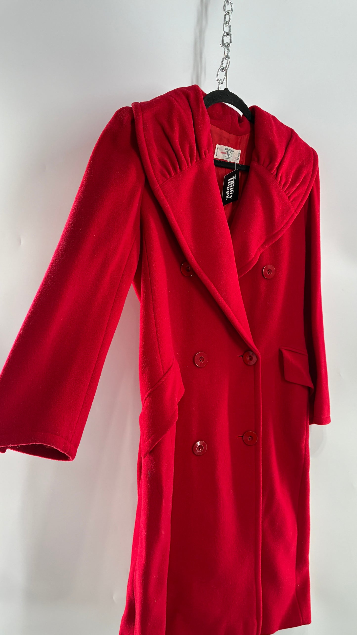 Vintage VALENTINO Miss V Red Sweeping, Tie Back and Pleated/Draped Collar Coat