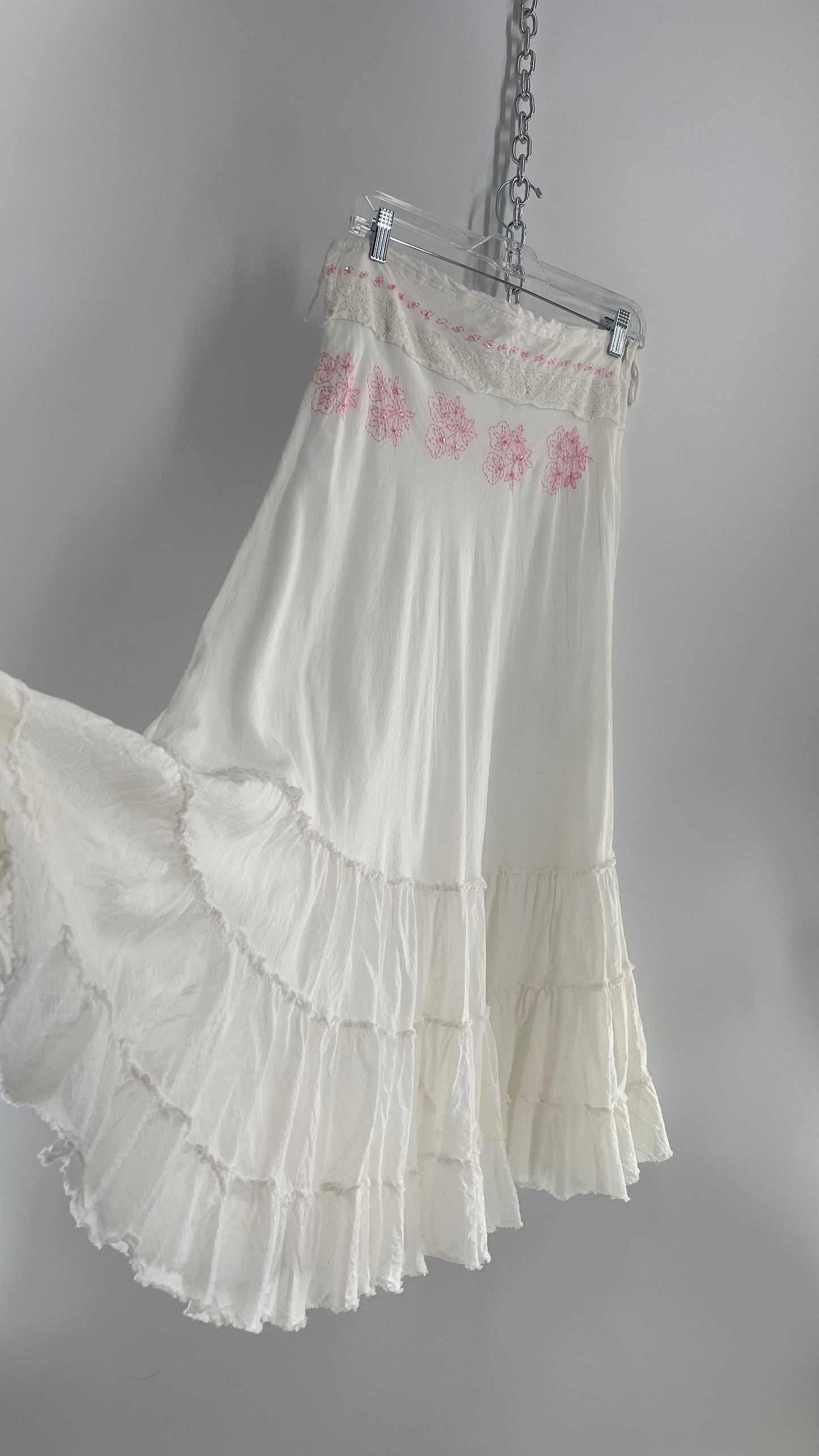 Vintage La Belle White Tiered Maxi Skirt with Pink Embroidery (9)