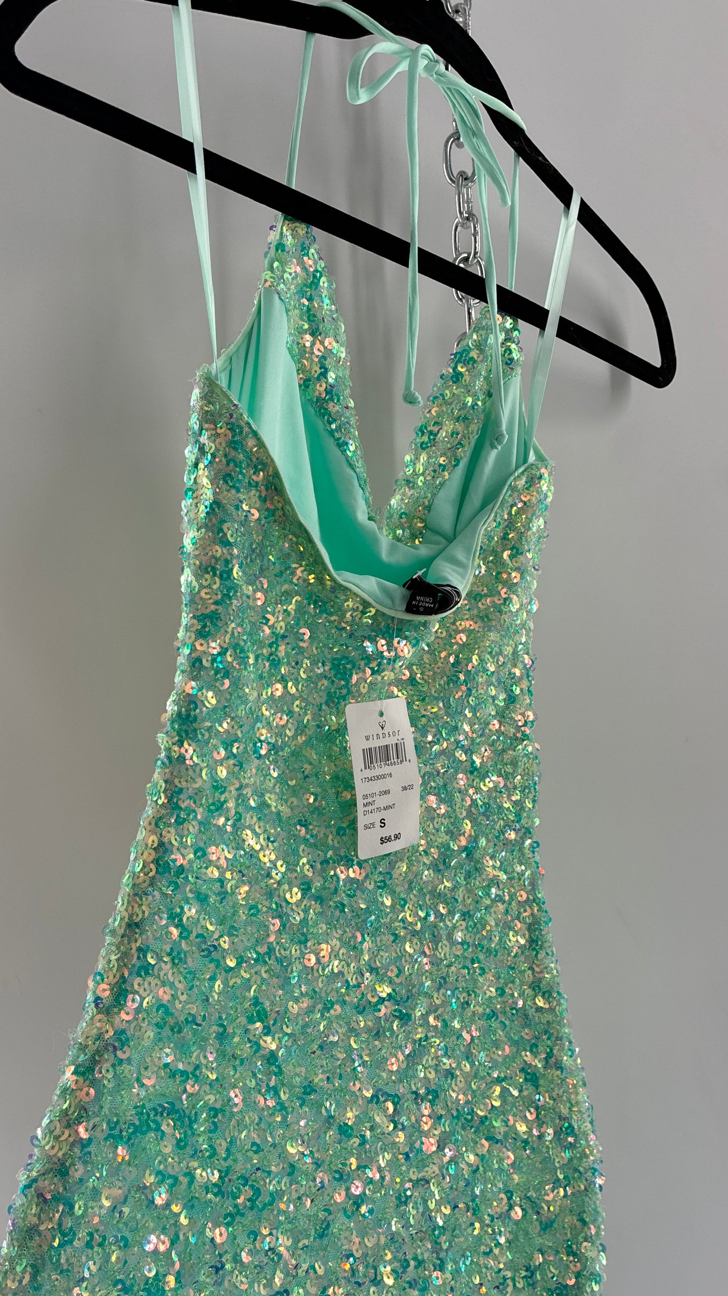 WINDSOR Aqua Blue Sequin Mini Dress with Draping Bustline and Tags (Small)