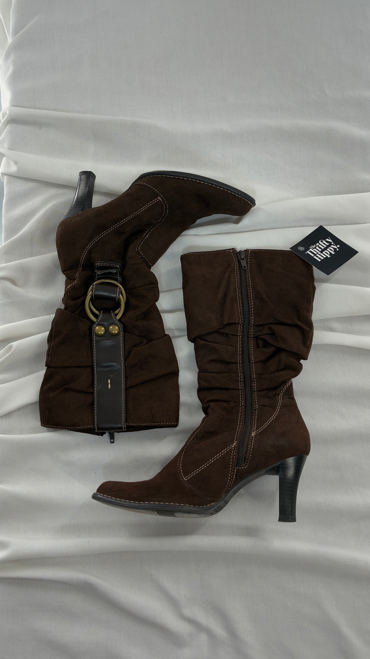 Vintage PREDICTIONS Vegan Suede Brown Stacked Boots with Buckle Detail (6.5)