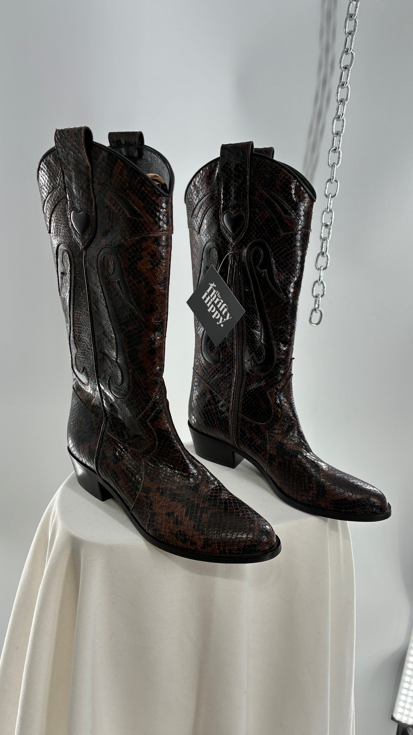 Vintage LABLANC Snakeskin Cowboy Boots with Hearts Made in Italy (36)