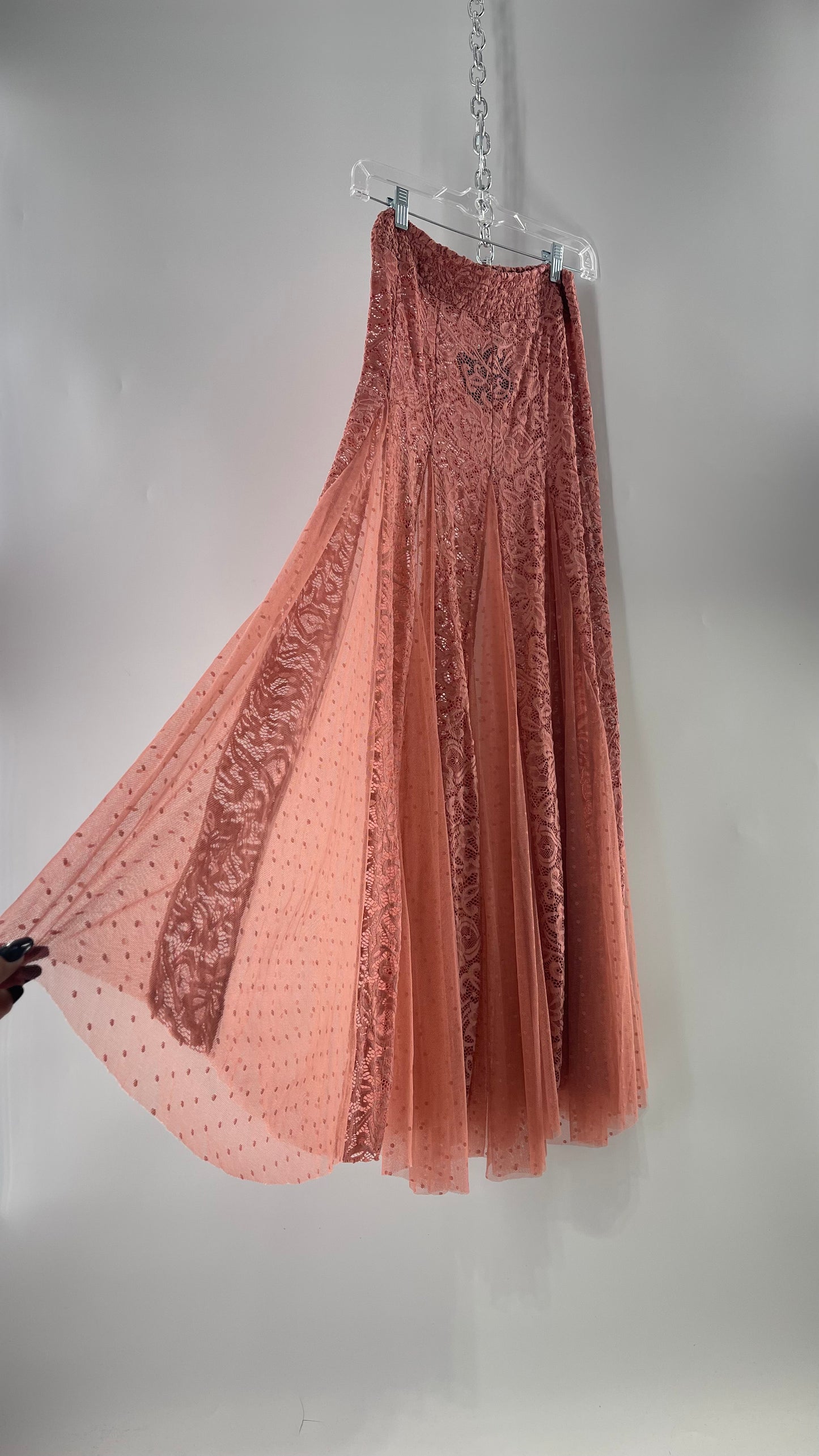 Intimately Free People Blush Pink Lace and Polka Dot Mesh Maxi Skirt (XS)