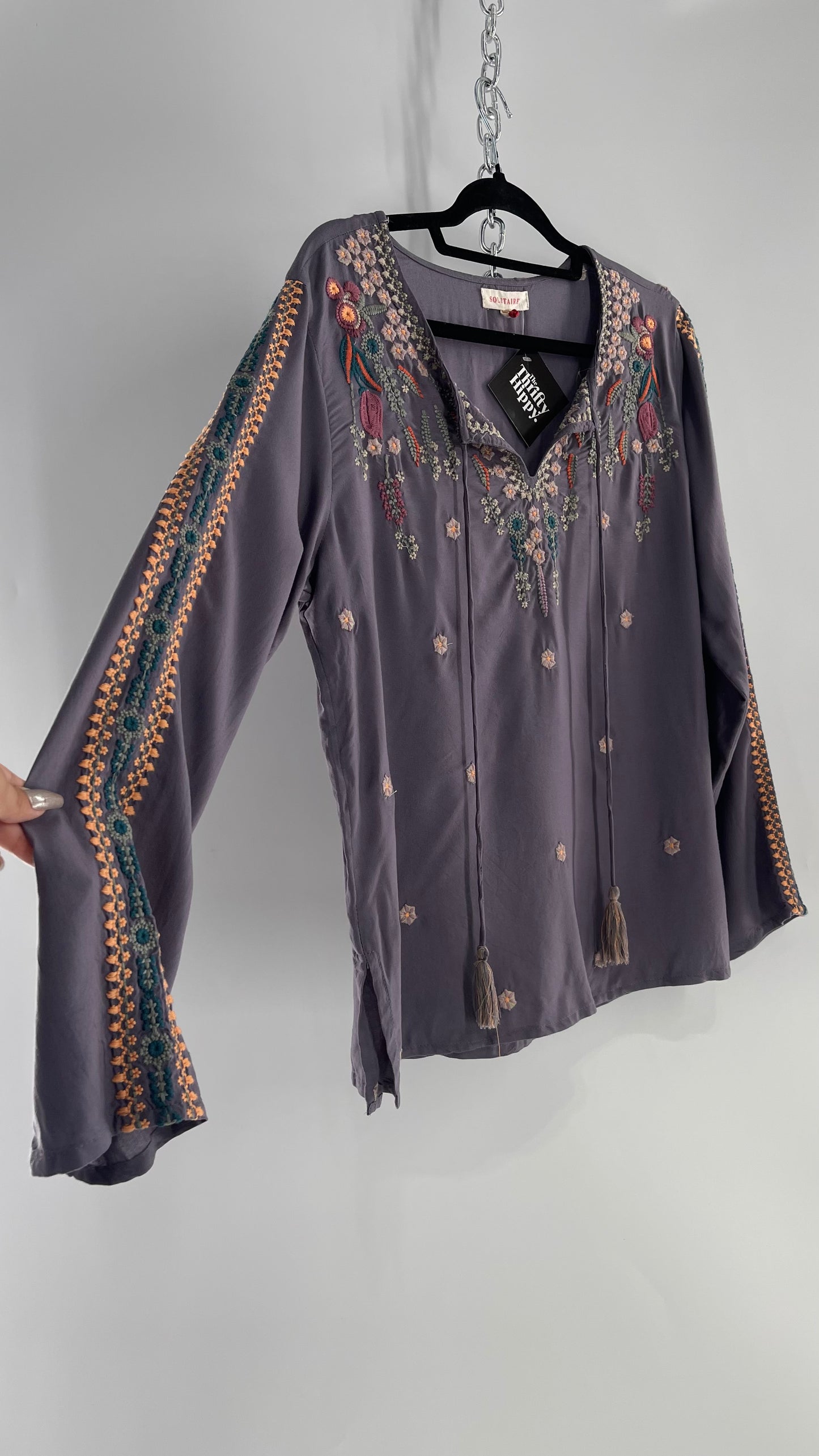 Anthropologie Solitaire Dusty Gray/Purple Embroidered Tunic Blouse (Medium)