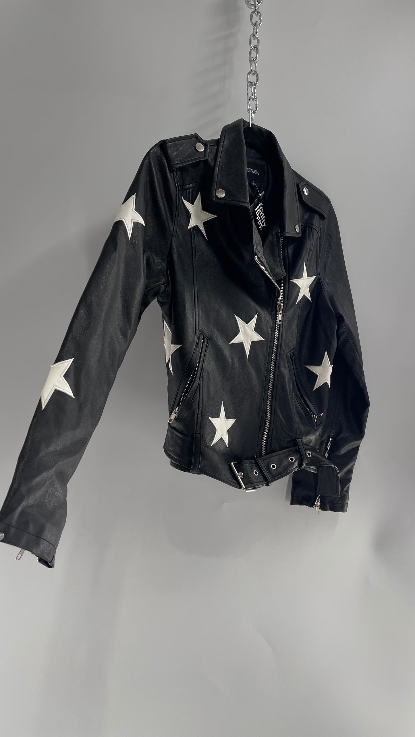 ZENANA Black Vegan Leather Motorcycle Jacket with White Patchwork Stars (Small)