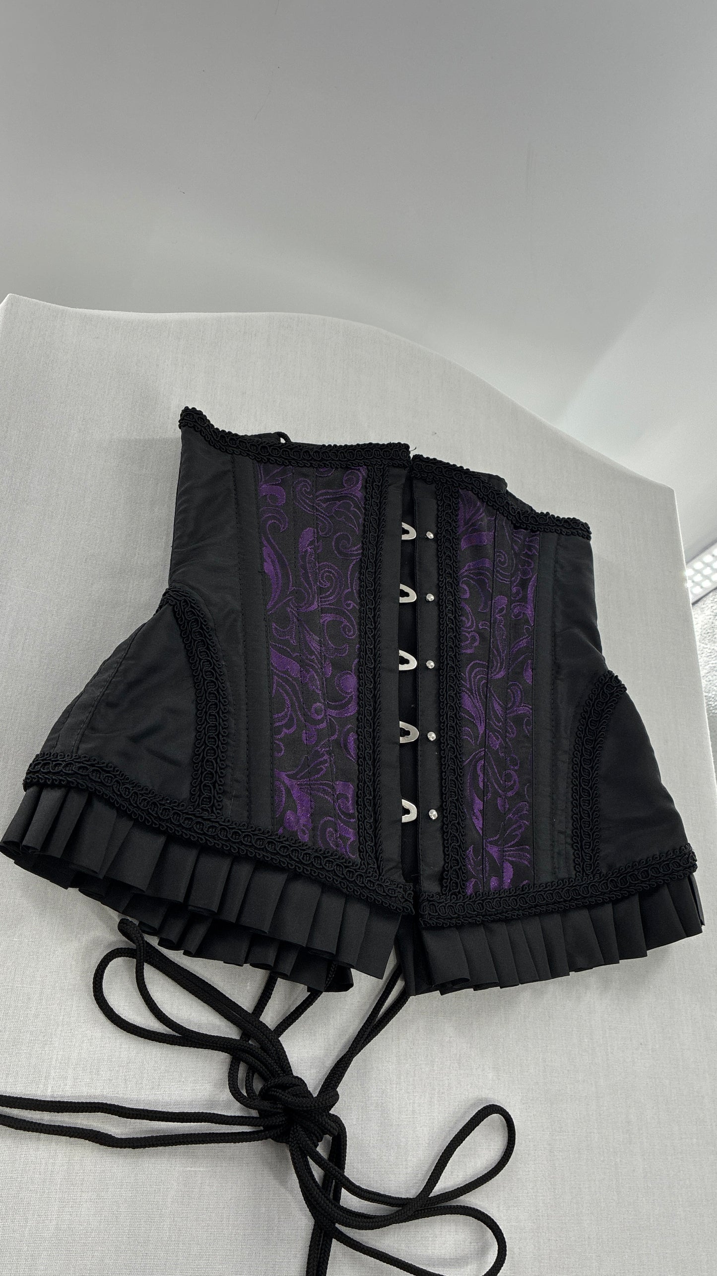 Vintage Black and Purple Brocade Corset with Pleated, Ruffled Hem (Sz 22)