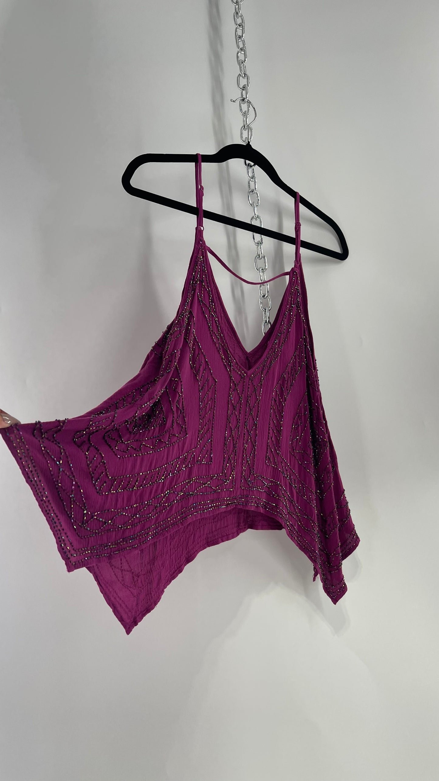 Free People Purple Beaded Handkerchief Hem Tank (Small)