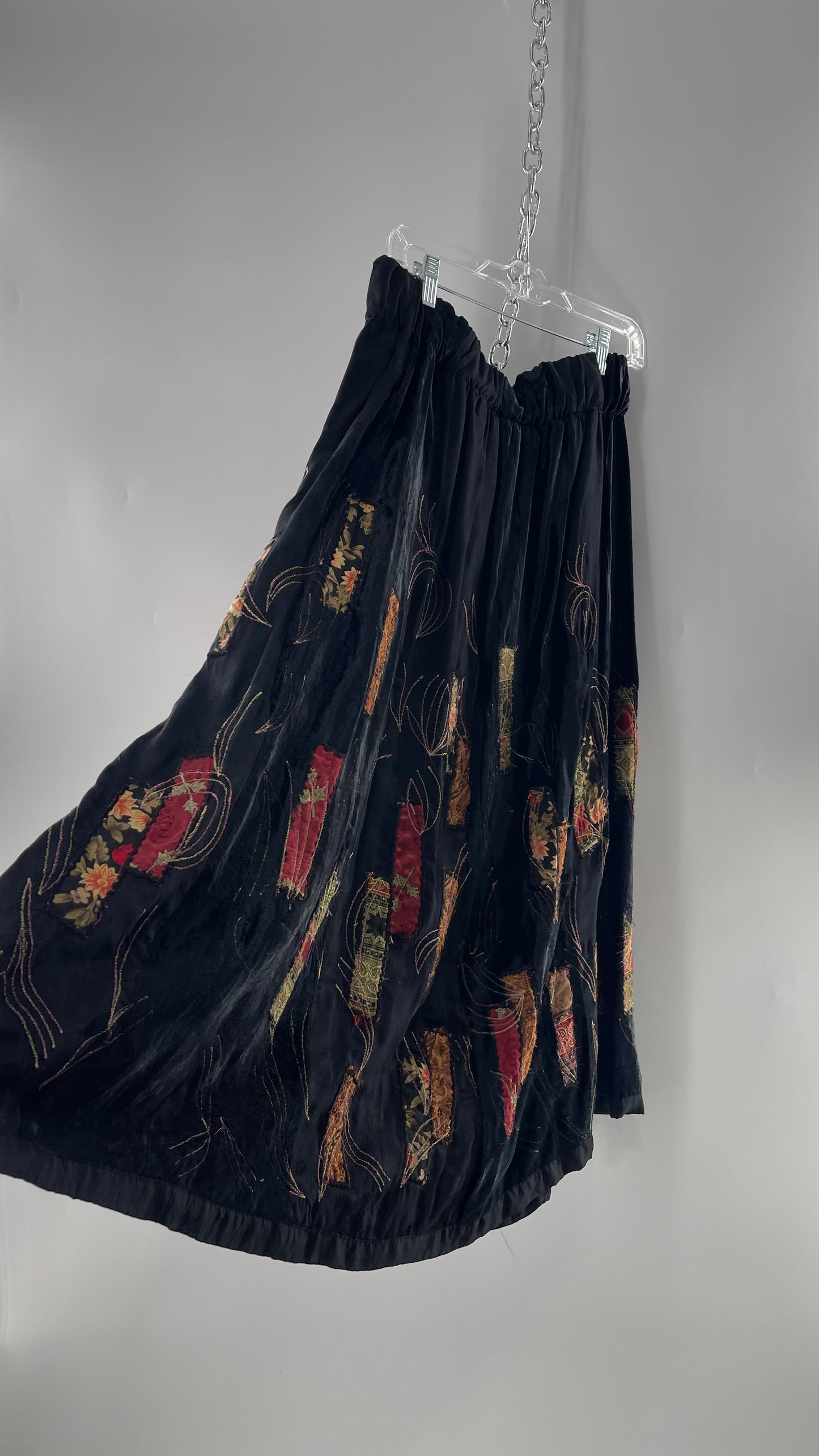 Vintage Black Velvet and Embossed Florals Patchwork Skirt with Metallic Stitch Detailing with Lining and Thick Waistline (M)