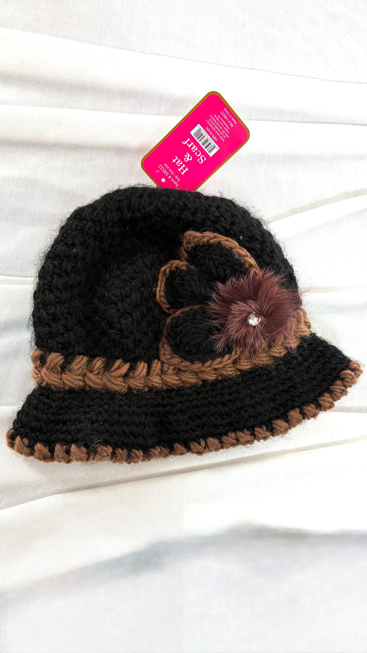Vintage Knit Lil Bucket Hat with Feathered Floral Appliqué