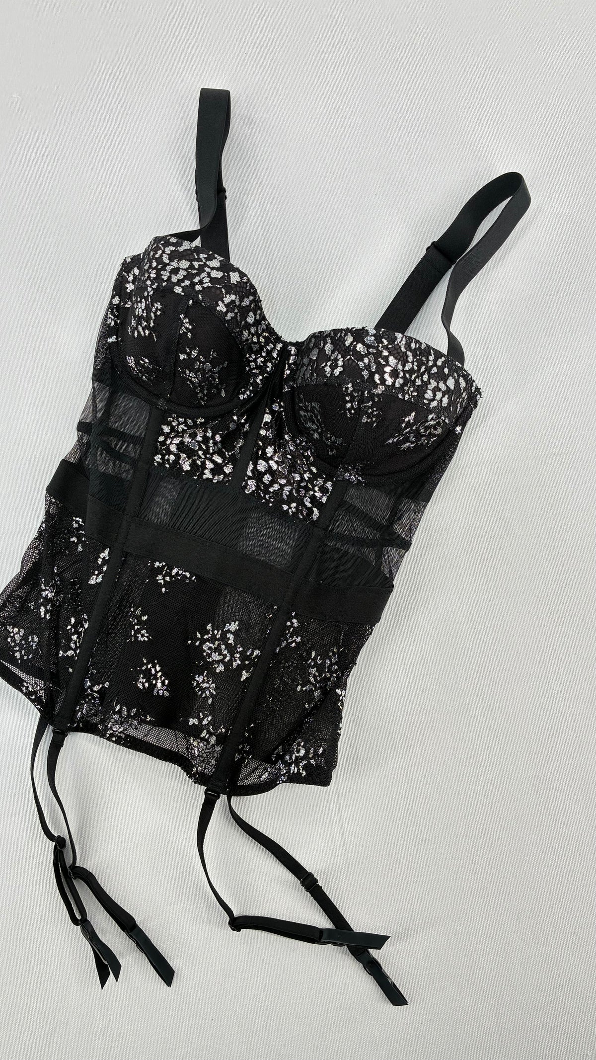 Deadstock Vintage VICTORIA’S SECRET Black and Silver Mesh, Lace Corset with Tags Attached (32C)