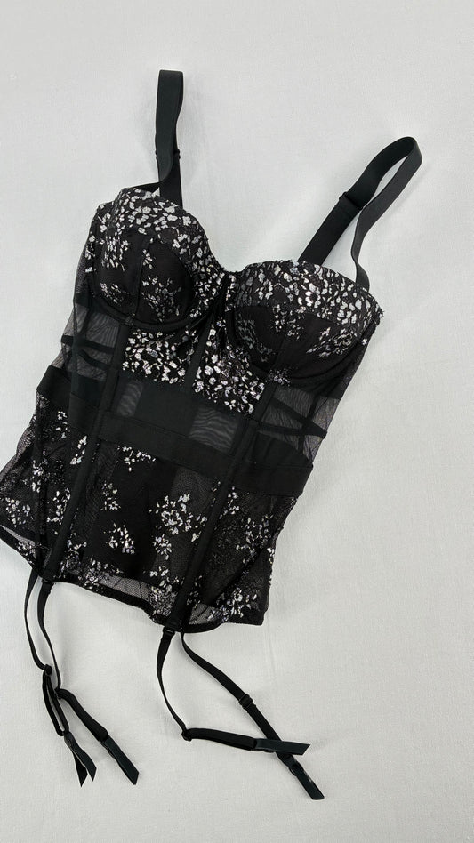 Deadstock Vintage VICTORIA’S SECRET Black and Silver Mesh, Lace Corset with Tags Attached (32C)