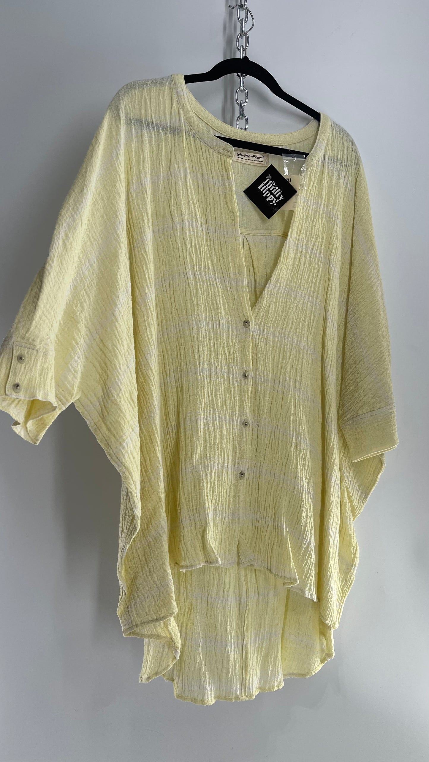 Free People Crimped Yellow Button Front Bohemian Surfer Dress with Button Bag (Medium)