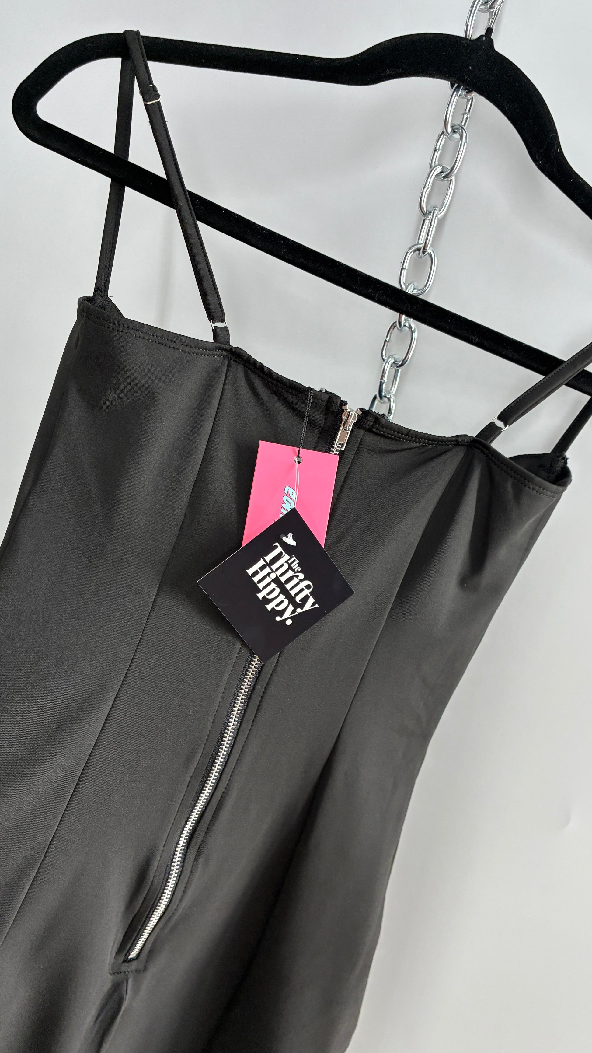 Edikted Black Satin Underbust Panel Mini Dress with Baby Pink Bow and The Thrifty Hippy Edikted Black Satin Underbust Panel Mini Dress with Baby Pink Bow and The Thrifty Hippy
