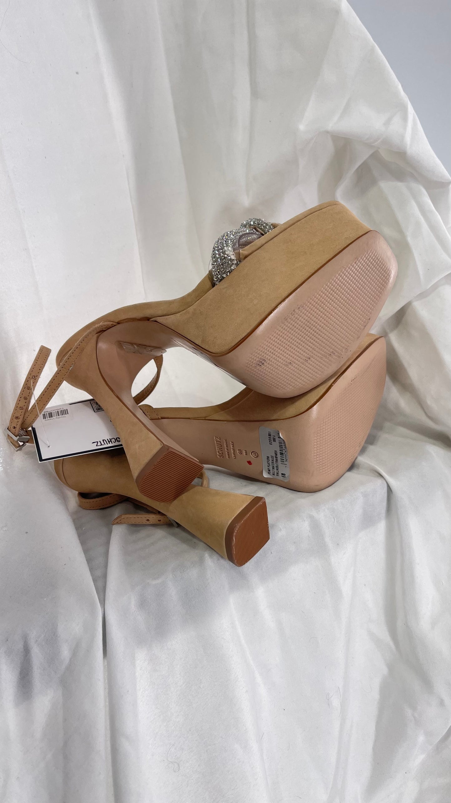 SCHÜTZ Peaky Beige/Tan/Nude Platform Heel with Funky Heel and Clear Knot Rhinestone Toe Strap (6)