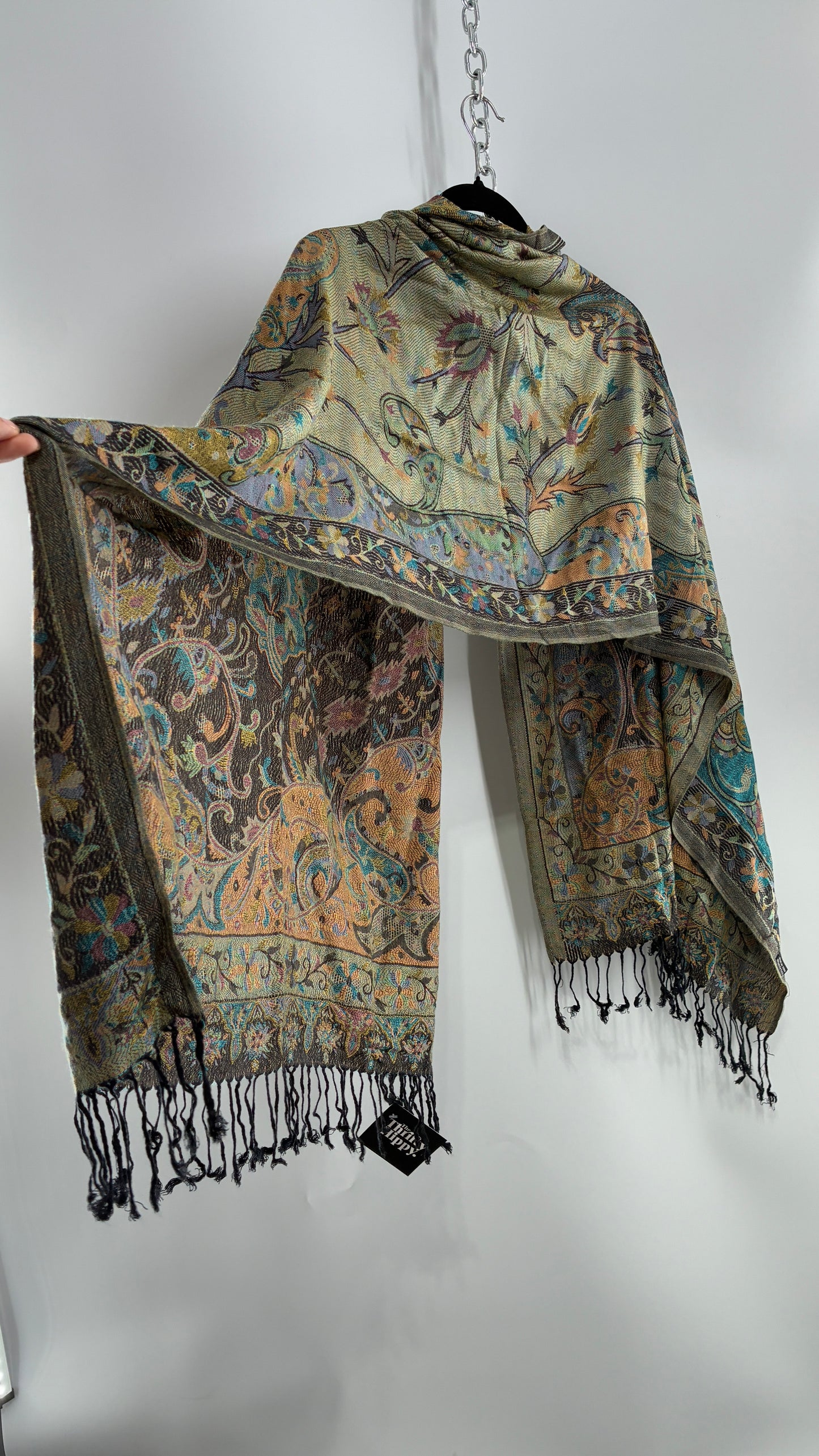 Vintage Pashmina Green Paisley Fringe Scarf