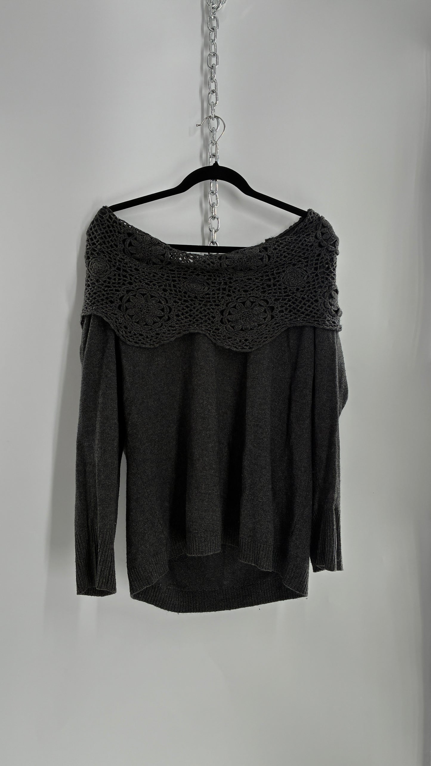 Vintage ELENA MIRO 29% Virgin Wool 8% Angora Wool 8% Cashmere Grey Off the Shoulder Crochet Band Sweater (Medium)