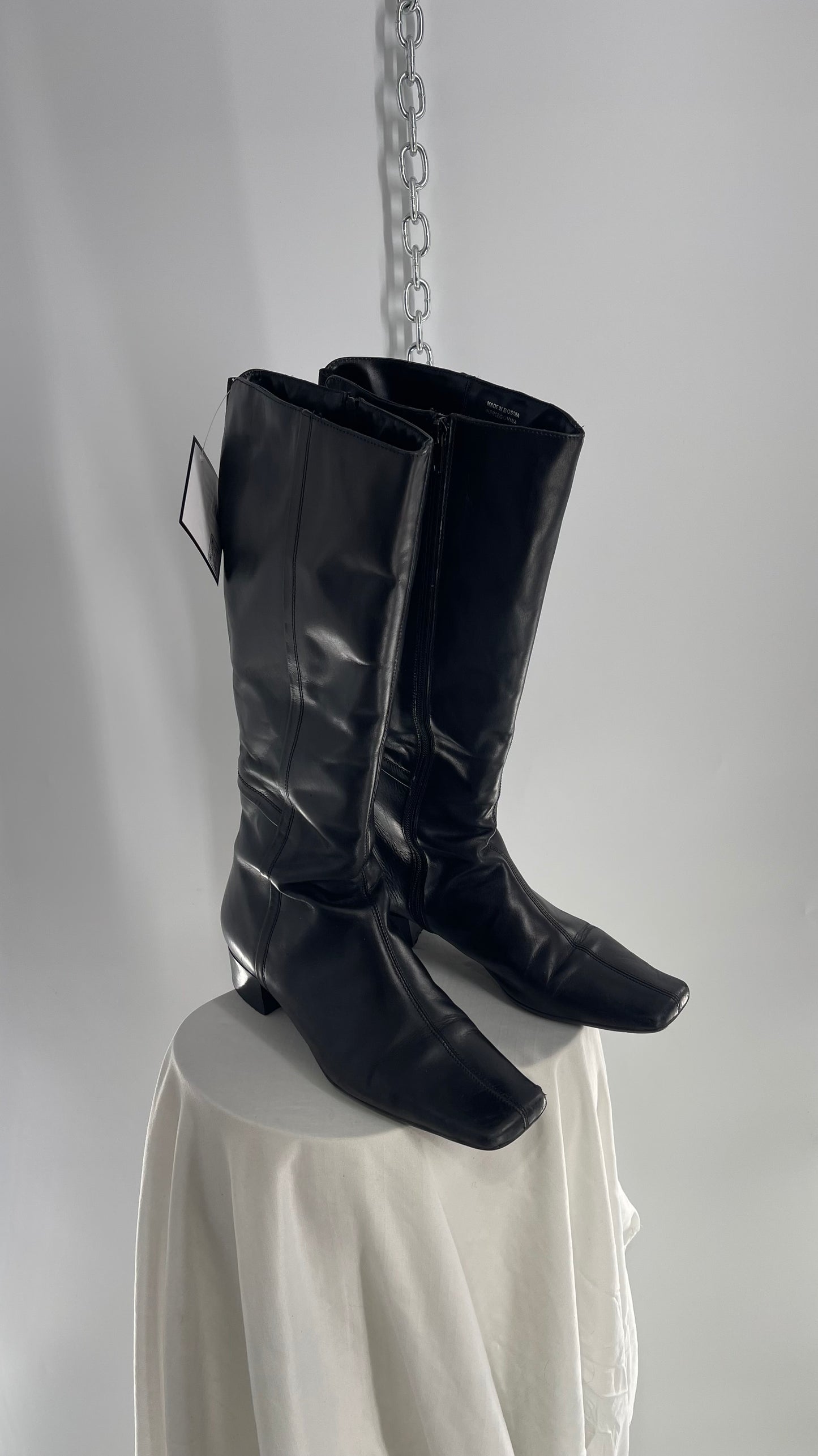 Vintage YKK Black Leather Square Toe Knee High Boot (40)