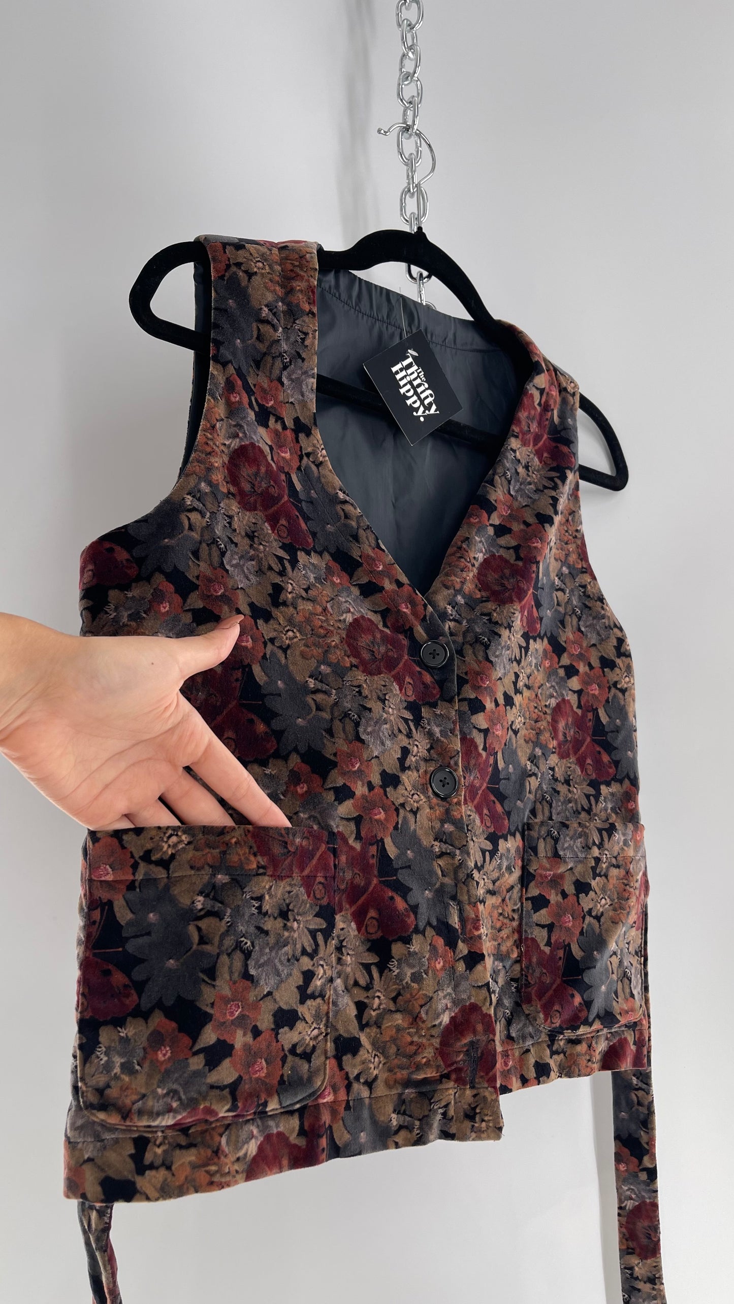 Vintage Muted Florals Velvet Vest with Front Pockets and Waist Tie (Medium)