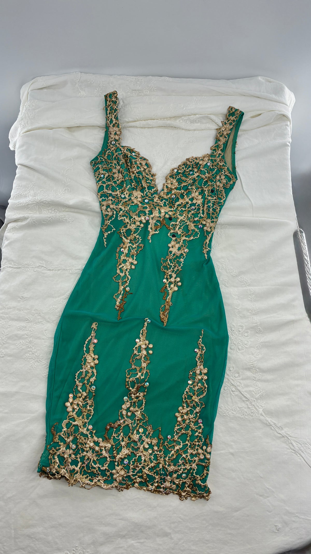 Vintage HOLT Hand Painted Turquoise Mini Dress with Low Open Back (XXS/XS)