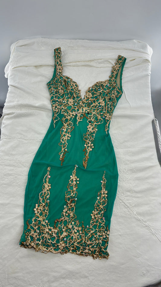 Vintage HOLT Hand Painted Turquoise Mini Dress with Low Open Back (XXS/XS)