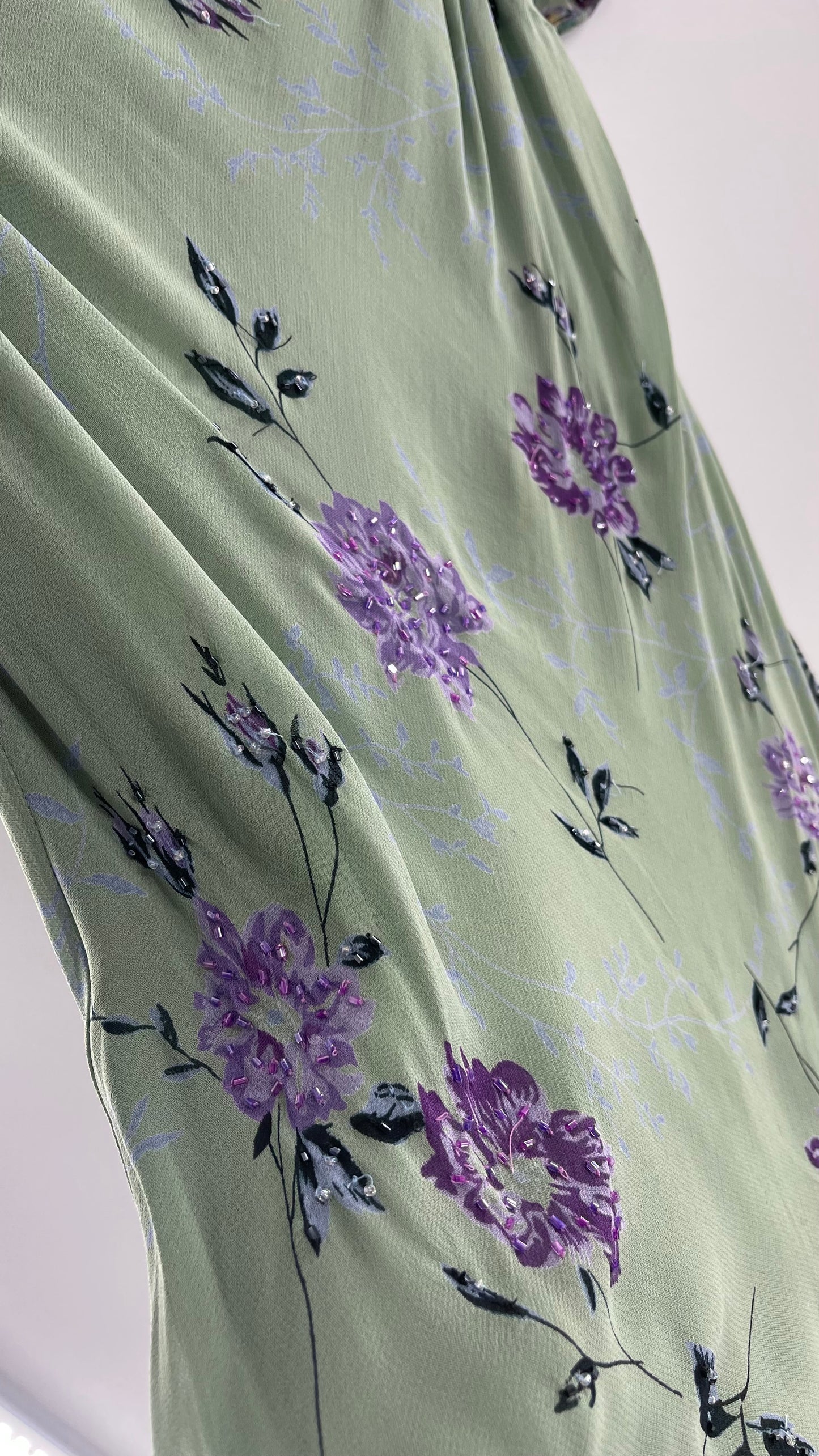 Vintage 1990s EVA BLUE Sage Green  Dress with Purple Beaded Florals and Handkerchief Hem(16)