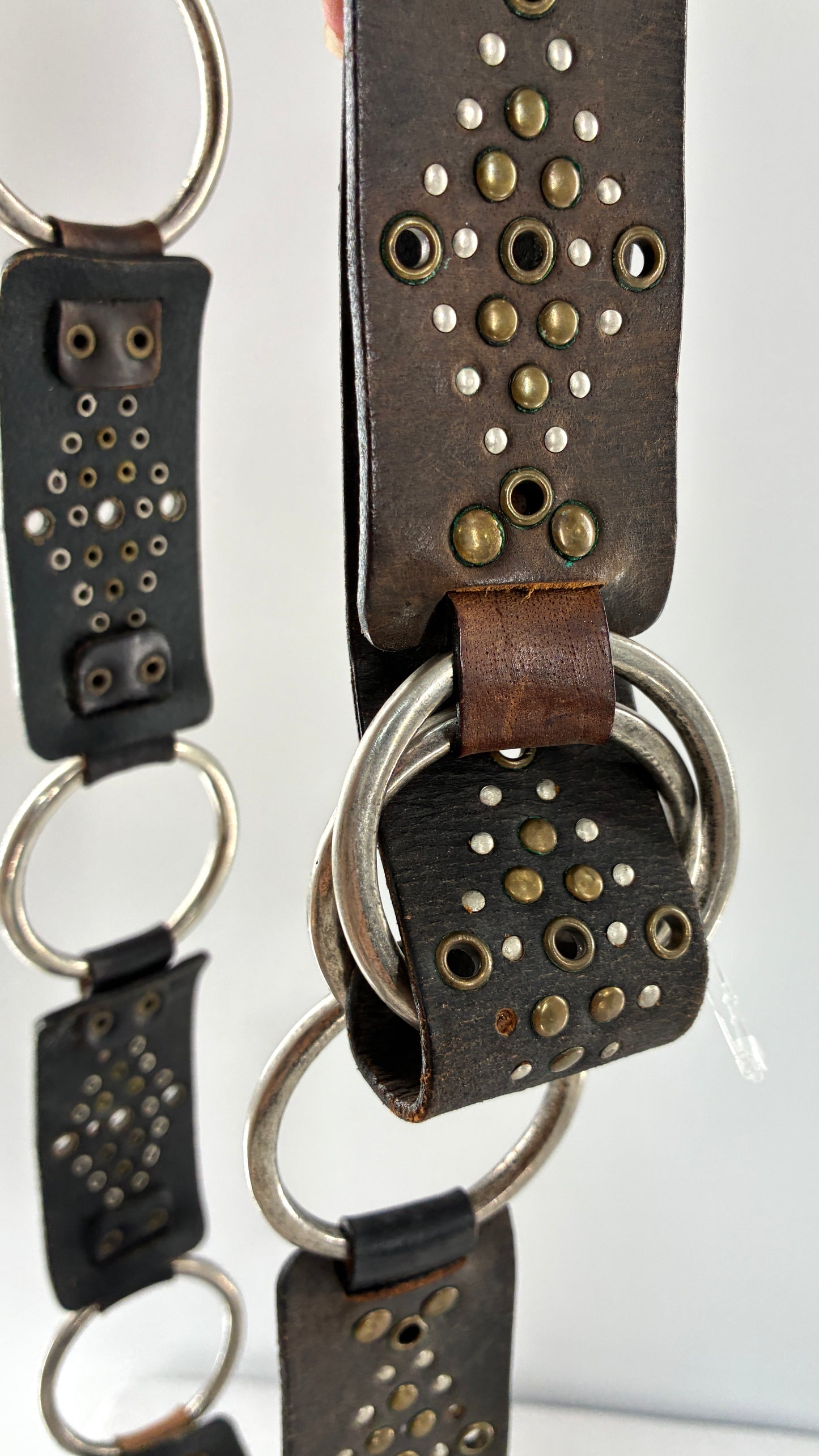 Vintage Studded Leather and Interconnected Metal Ring Belt