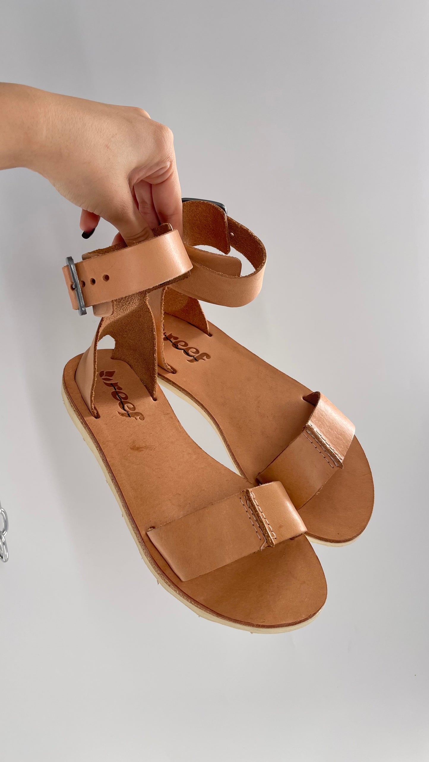 Free People Reef Light Nude / Tan Leather Sandals with Thick Ankle Strapped Buckle (6)