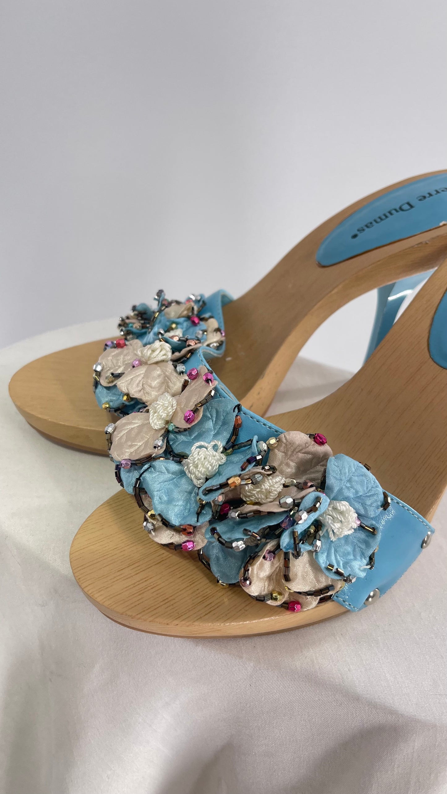 Pierre Dumas Baby Blue Wooden Heel with Beaded Floral Appliqués (9)