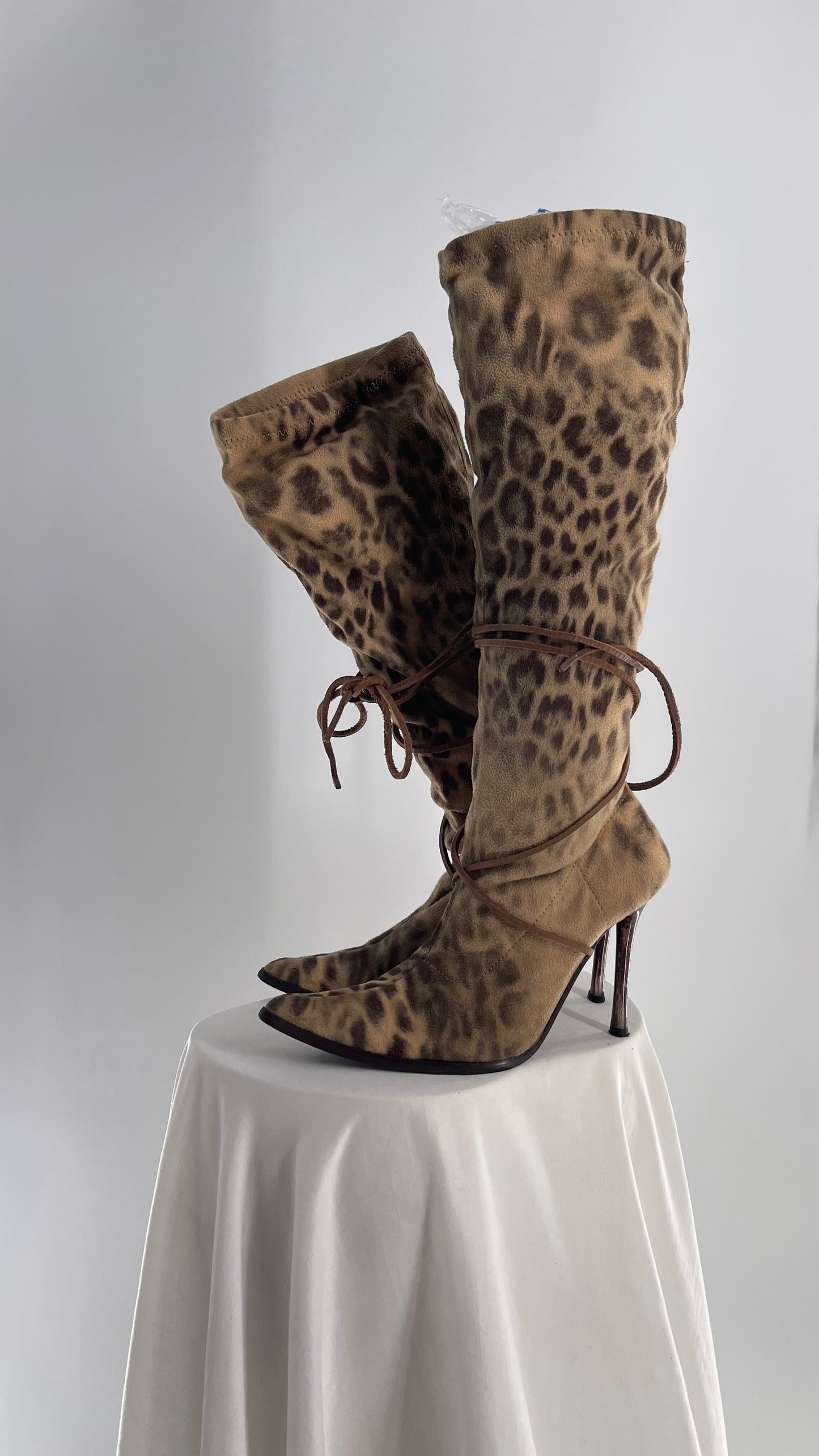 Vintage Alberto Venturini Animal Print Tie Up Pointed Toe Boots (37)