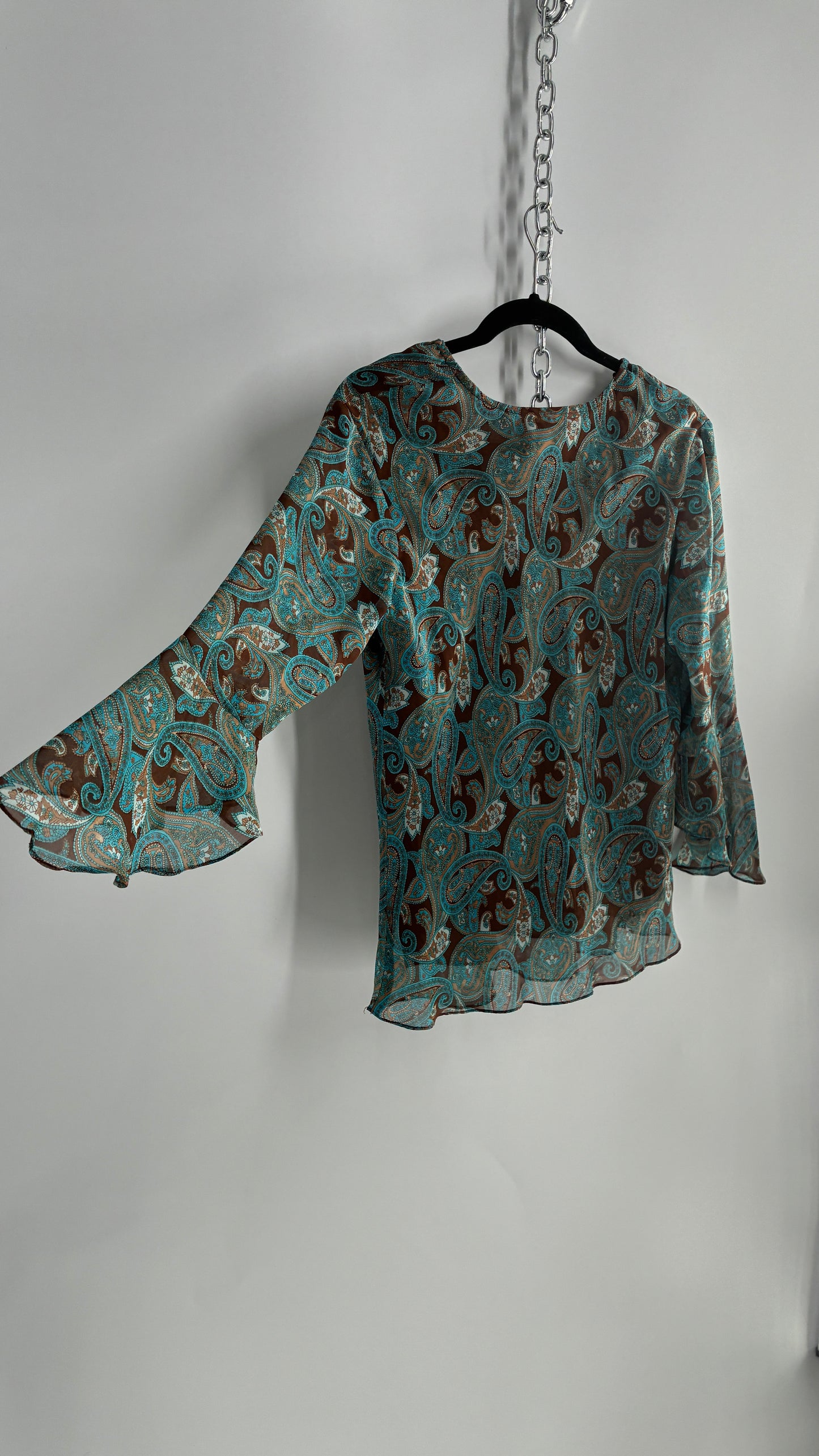 Vintage ANNE CARSON 100% Silk Brown and Turquoise Quarter Bell Sleeve Blouse (Small)