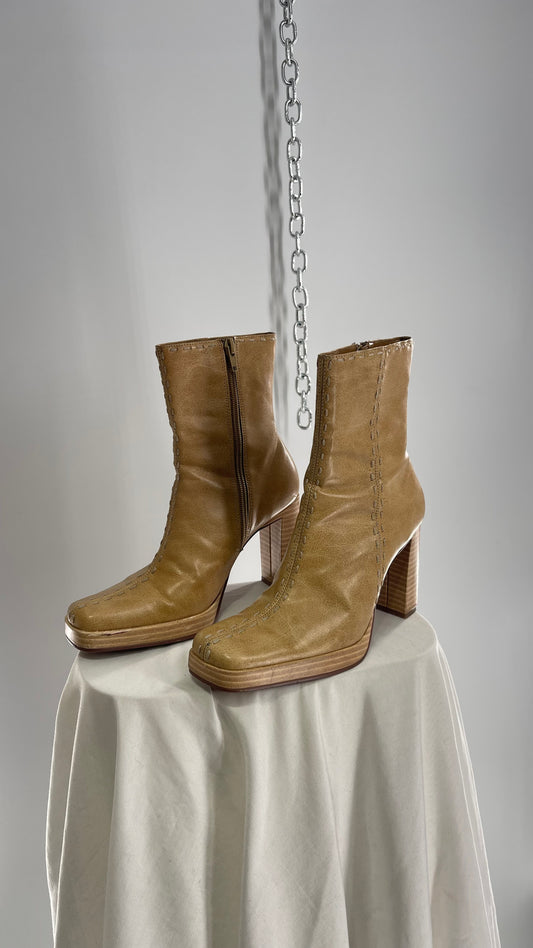 Vintage LEI Tan Square Toe Platform Booties with Stitch Detailing (6.5)