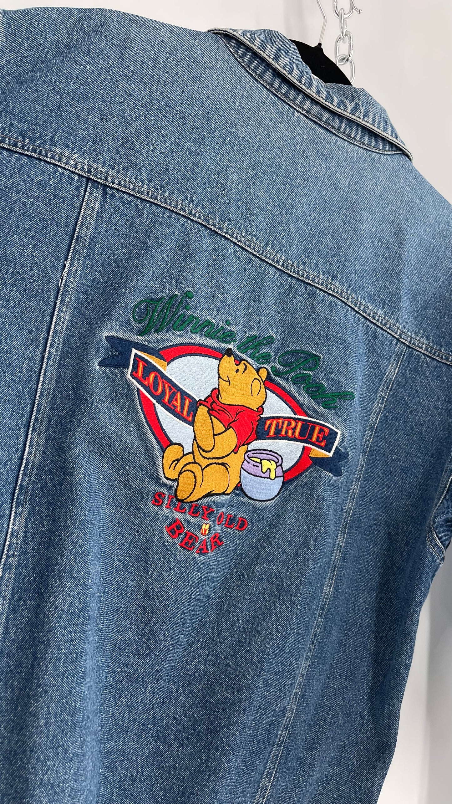 Vintage Disney Denim Jacket with Embroidered Graphic/Patches on Back and Pocket (Medium)