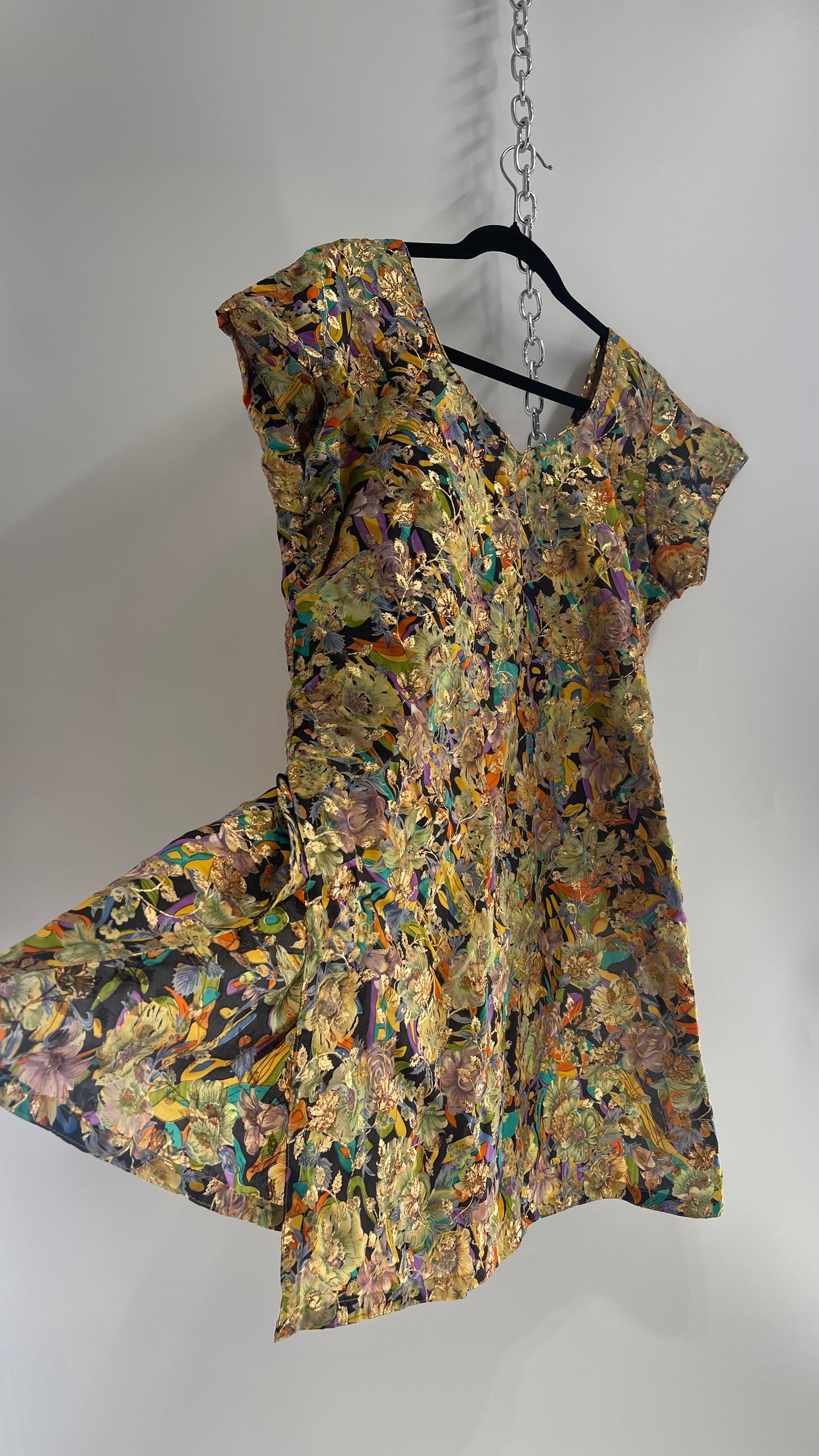 Vintage Imported Contrasting Floral Side Slit Tunic Silk with Hand Painted Glitter Details (Medium)