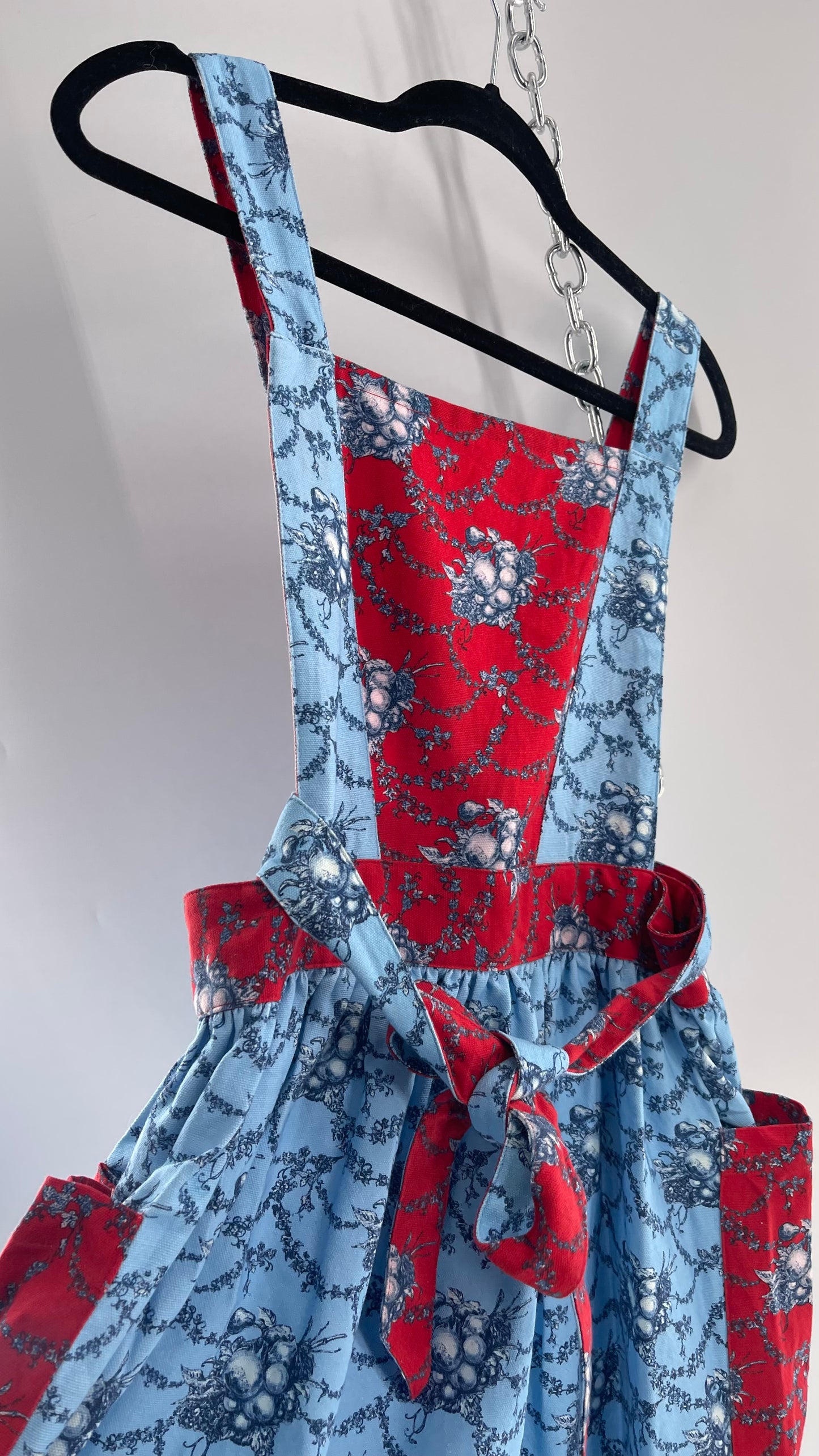 Vintage Apron Red and Baby Blue Floral/Citrus Patterned Mini Dress with Tie Around Bow (S\M)