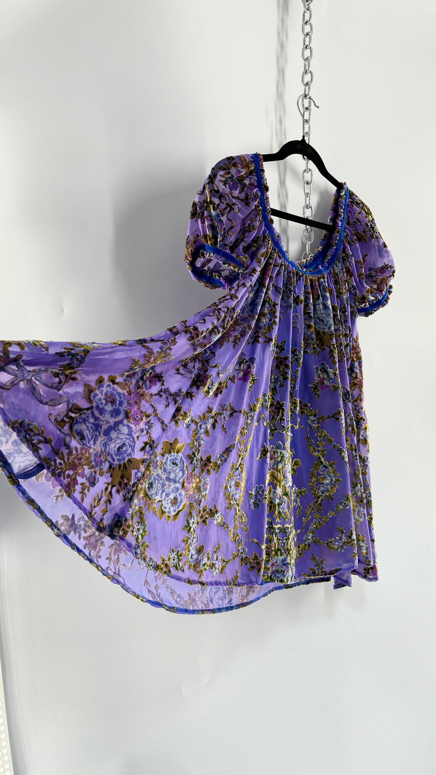 Free People Royal Blue Velour Floral and Bow Puff Sleeve Babydoll Mini Dress (XS)