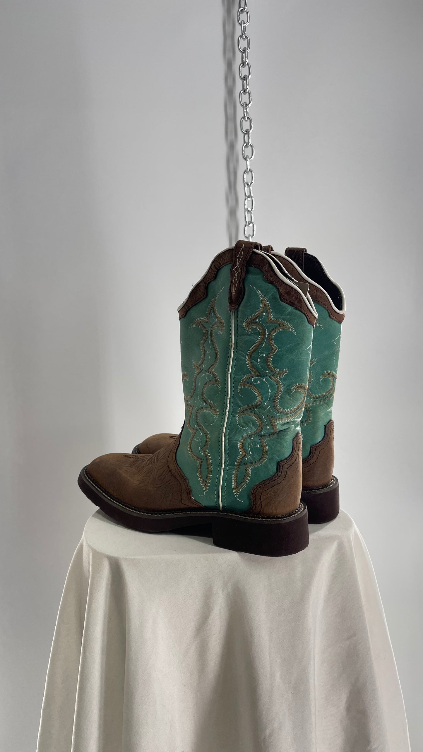 Vintage Justin Gypsy Brown Leather Turquoise Raya Cowboy Boots (8.5B)