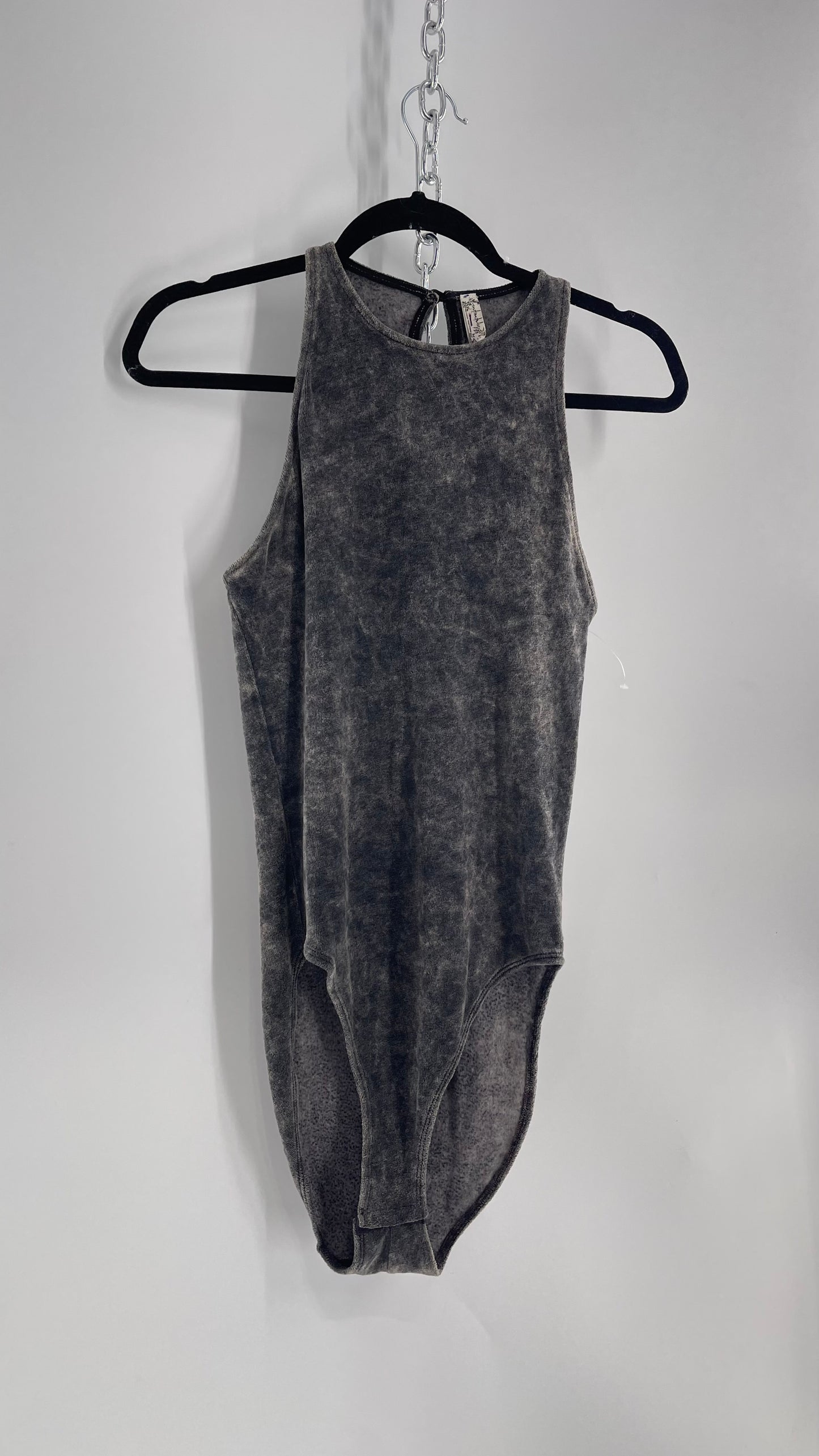 Free People Charcoal Acid Wash Velour Terry Cloth Bodysuit (Small)