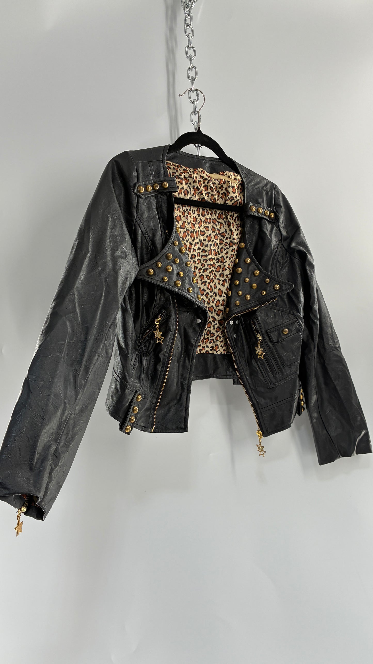 Vintage Black Vegan Leather Jacket with Oversized Lapel, Belt Loops and Pockets Covered in Heavy Duty Gold Studs (Small)