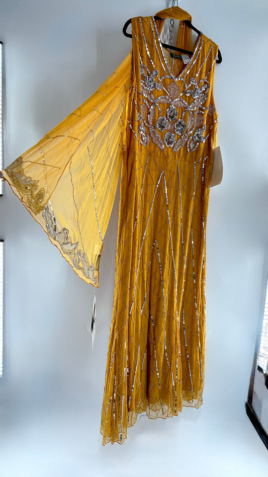 Deadstock Vintage ASHRO 1990s Mustard Yellow Dress with Sheer Back, Neck Scarf and Silver Beading (XXL)