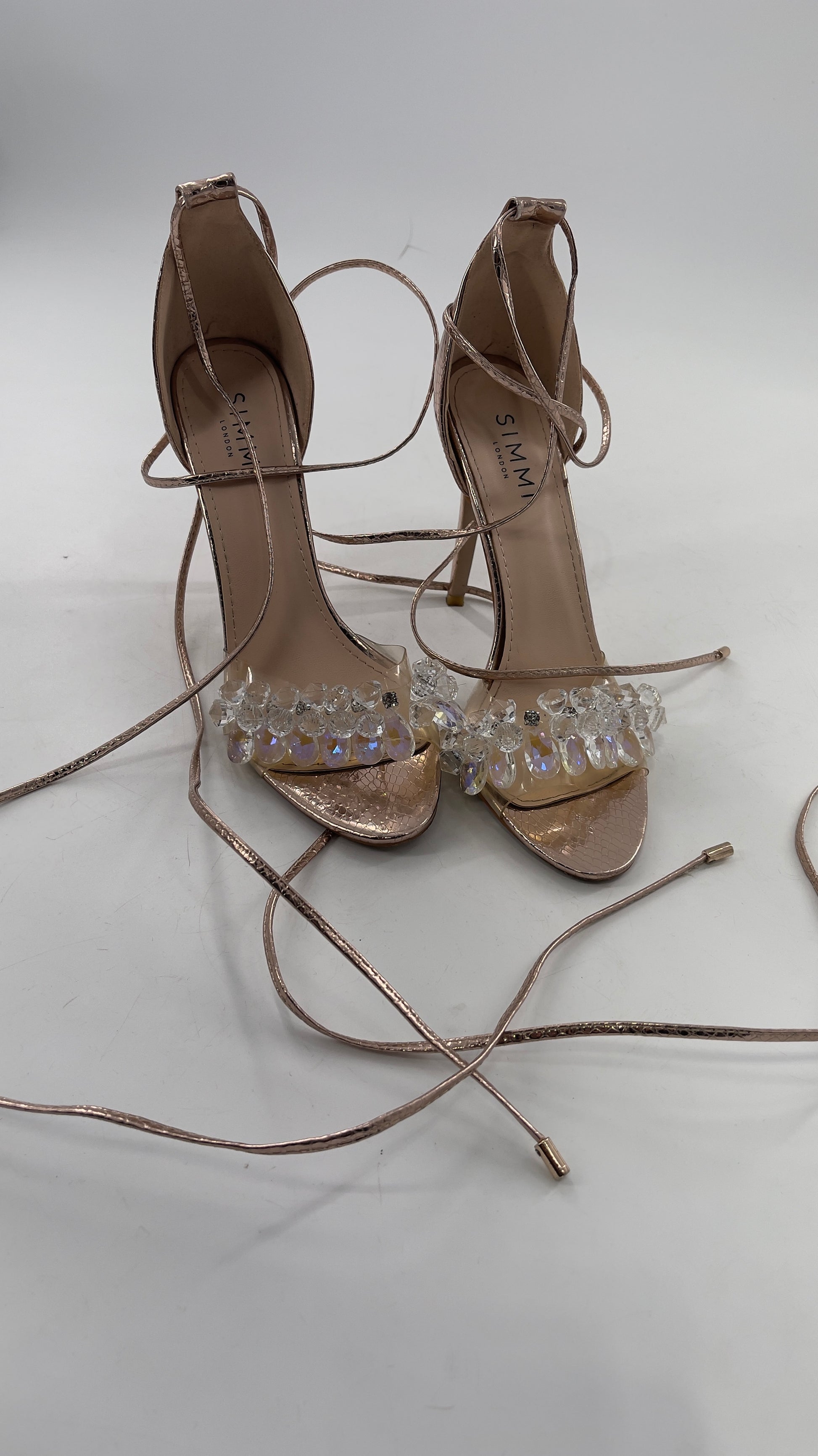 SIMMI LONDON Rose Gold Textured Heels with Clear Toe Strap Covered in The Thrifty Hippy SIMMI LONDON Rose Gold Textured Heels with Clear Toe Strap Covered in The Thrifty Hippy
