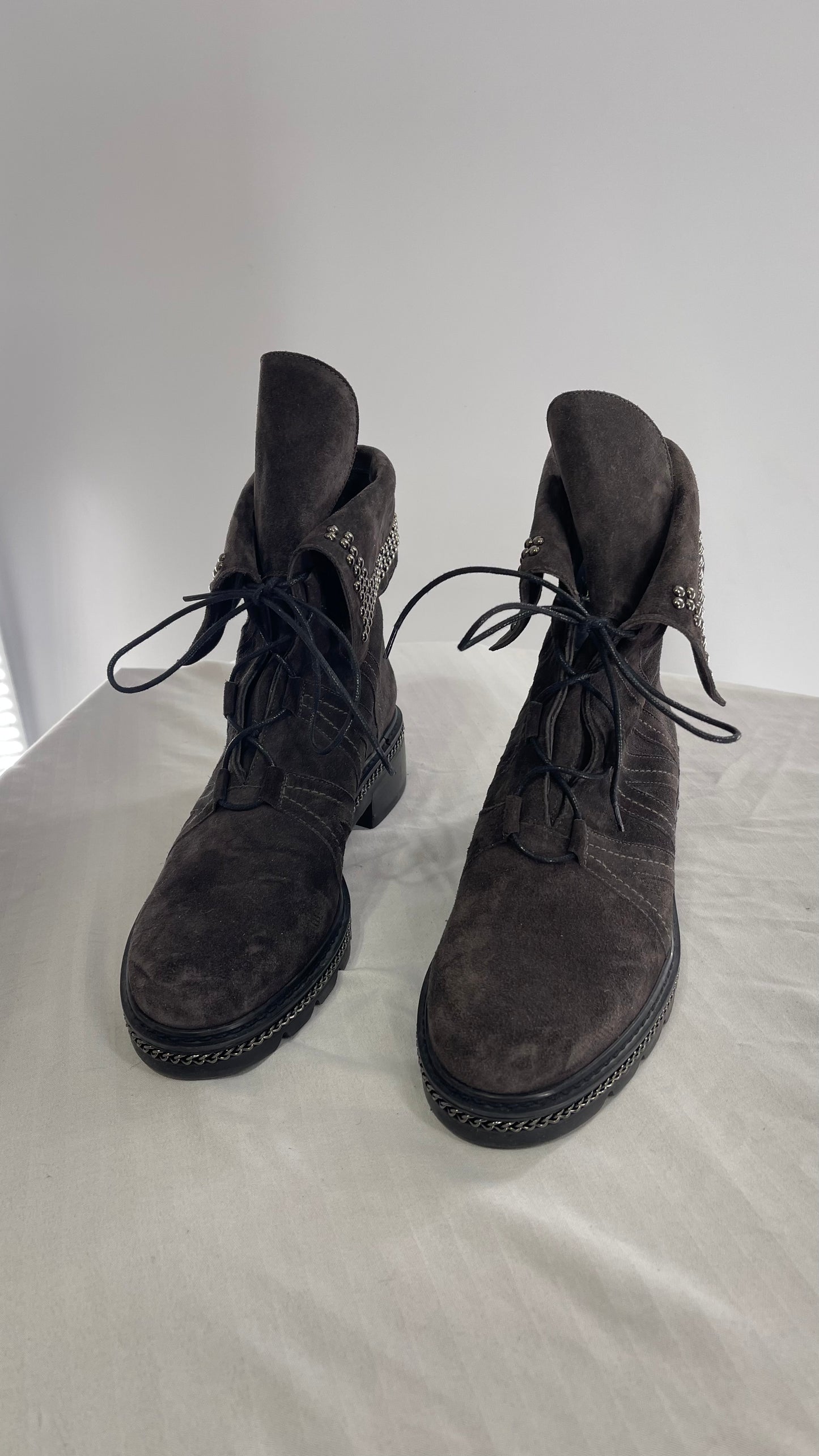Stuart Weitzman Yadastud Grey Suede Leather Studded, Chainlink Boots (8)
