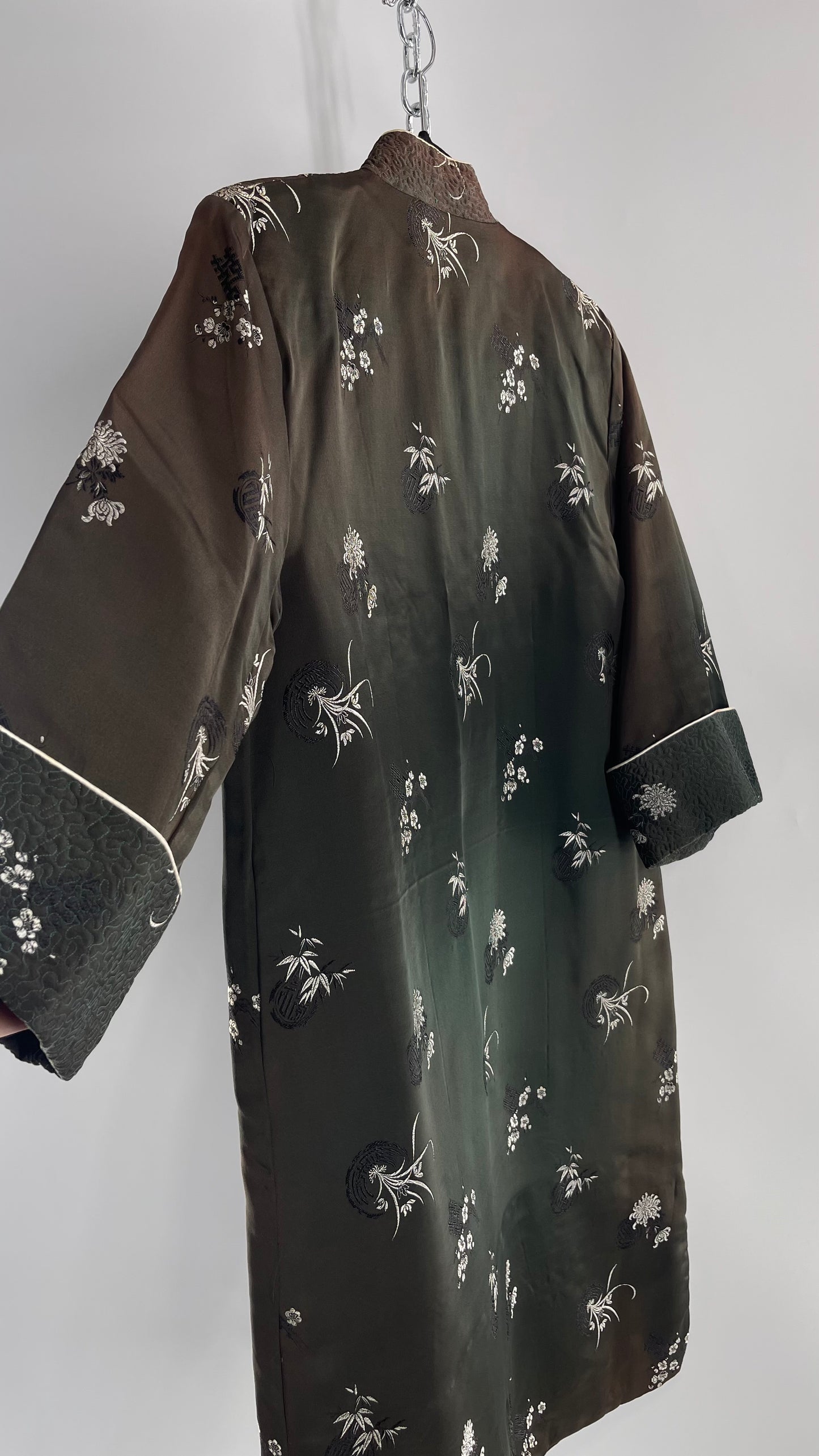 Vintage Hong Kong, Hand Made, Dark Green Silk Kimono Coat/Smoking Jacket (38)