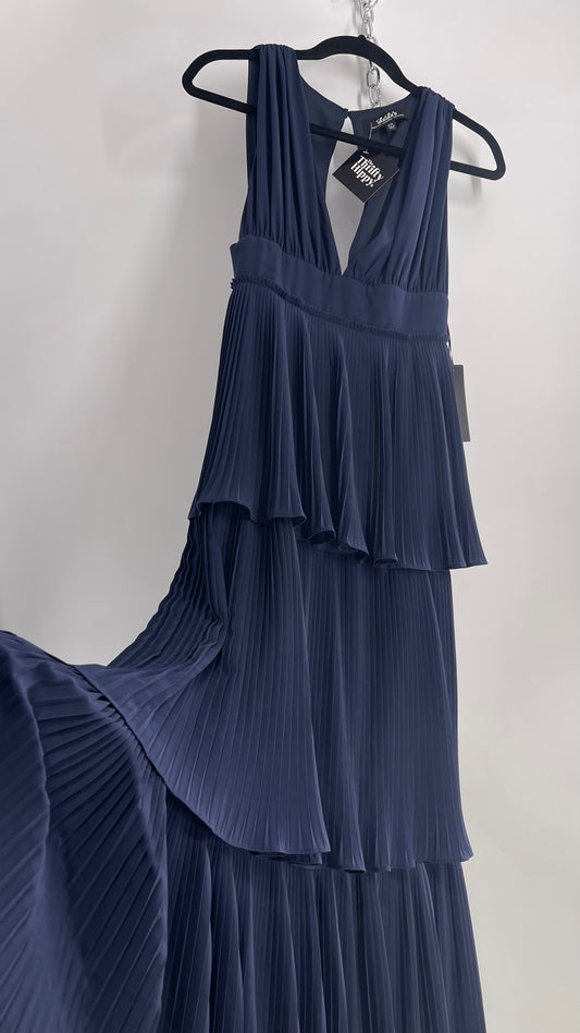 Lulu*s Pleated Navy Blue Floor Length Gown with Three Tiers and Tags Attached (XS)