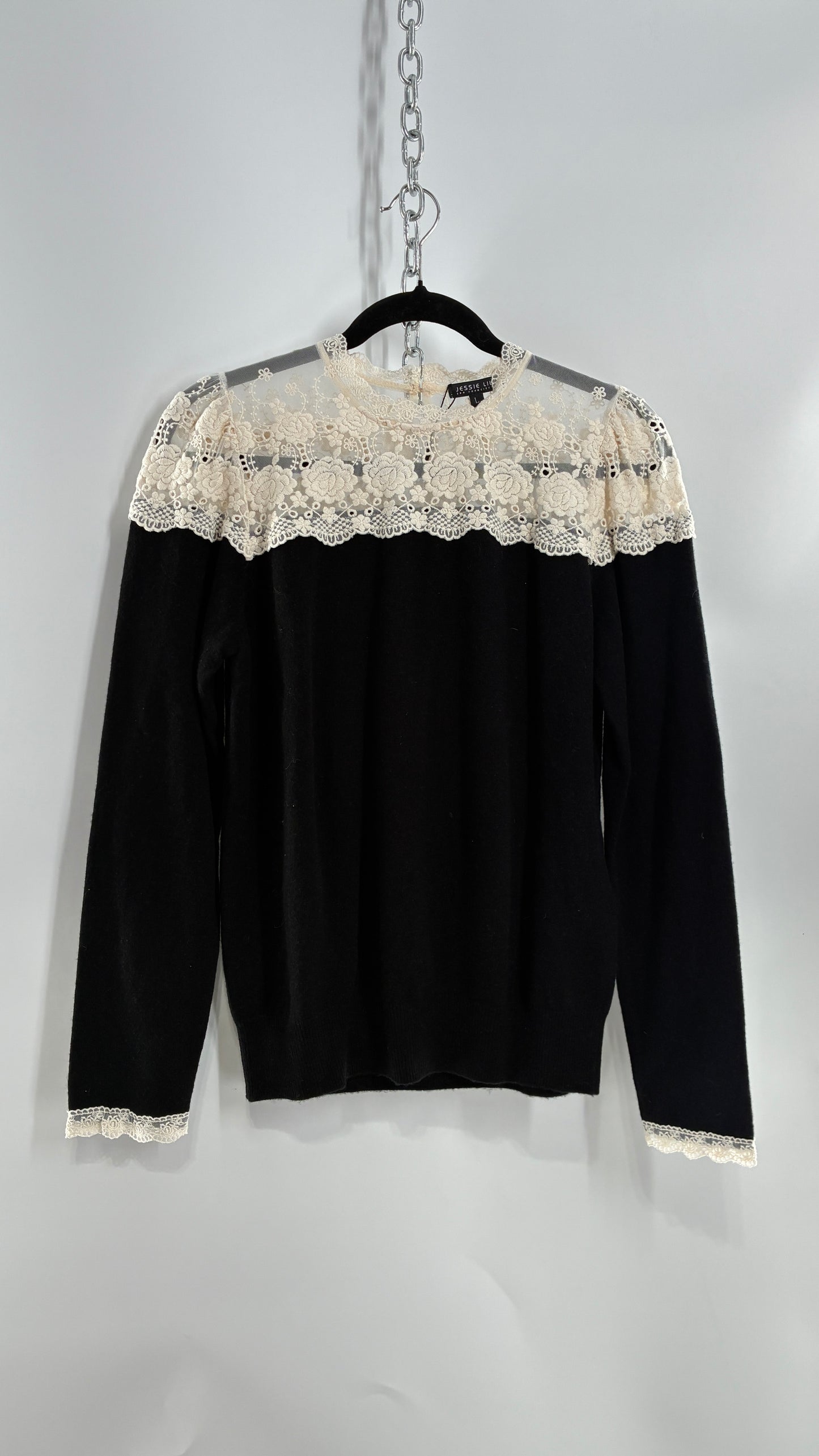 JESSIE LIU Amari Black 100% Merino Wool Sweater with Ivory Lace Neckline and Cuffs (Large)