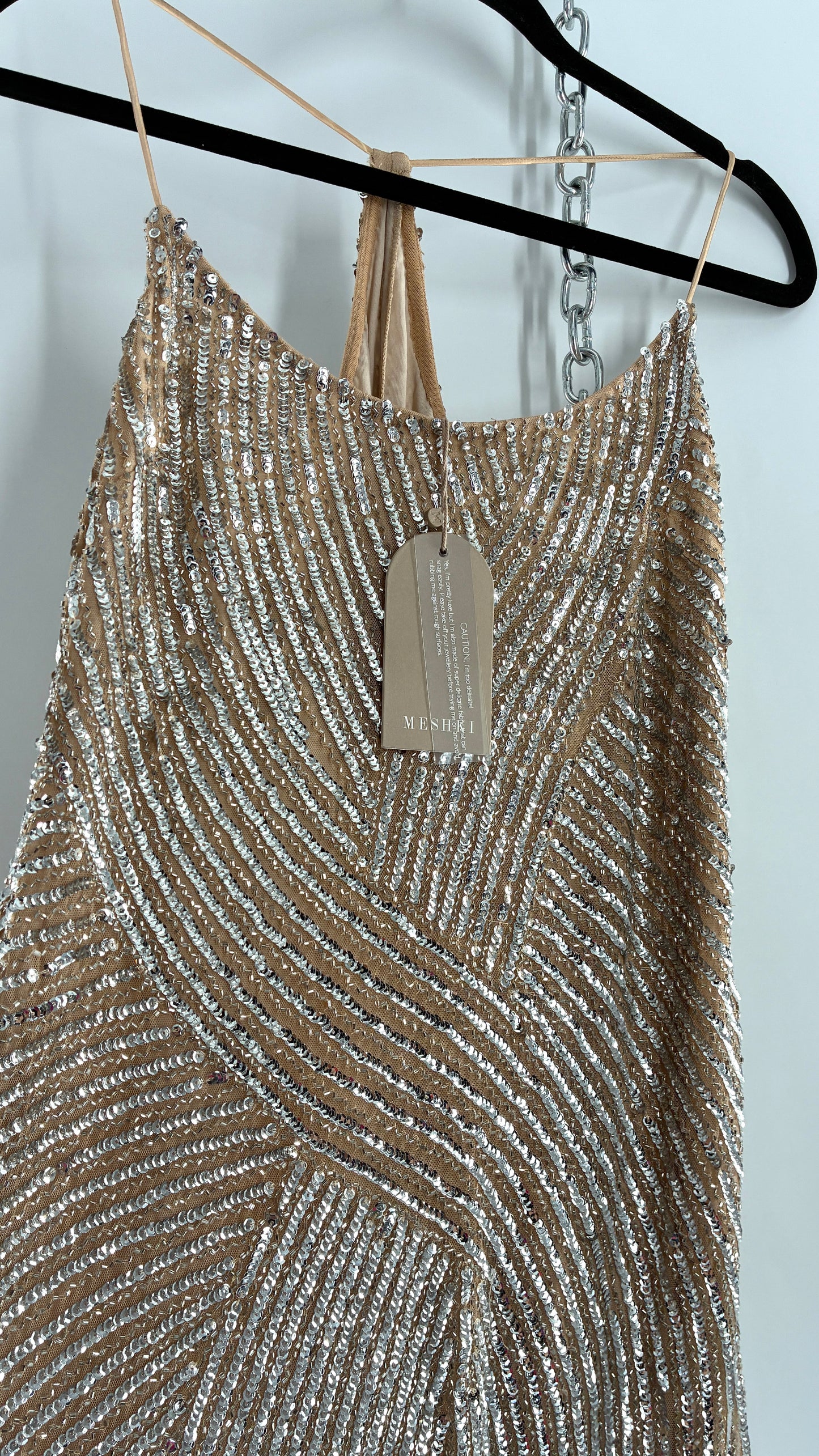 MESHKI Tierra Nude Full Length Dress with Silver Sequins with Tags Attached (XXXL)