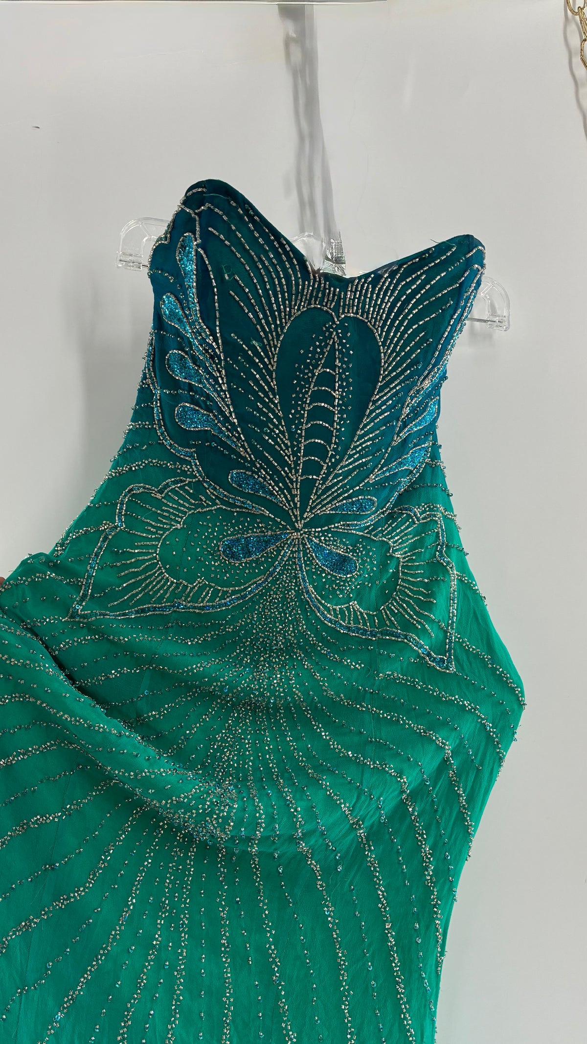 Vintage 1990s STUDIO17 100% Fully Beaded Silk Aquamarine Butterfly Dress (8)