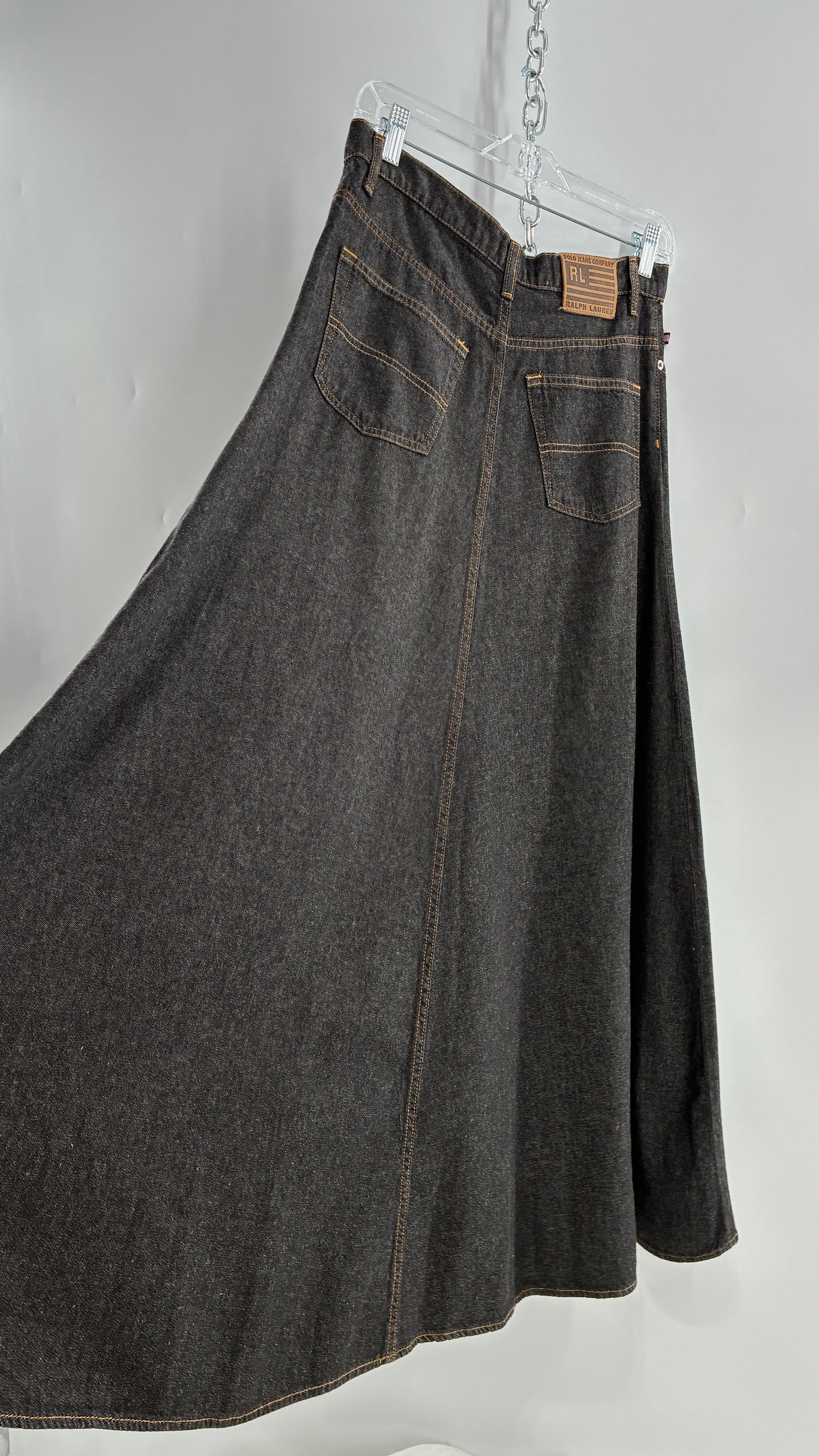 Vintage Ralph Lauren 100% Cotton Dark Wash Denim Full Length Skirt  (6)
