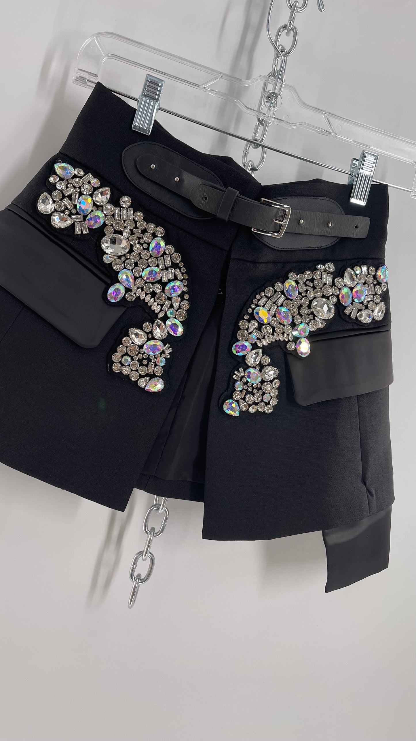 Black Skirt Belt Covered in Crystal Embellishments with Satin Flap Pockets (Medium)